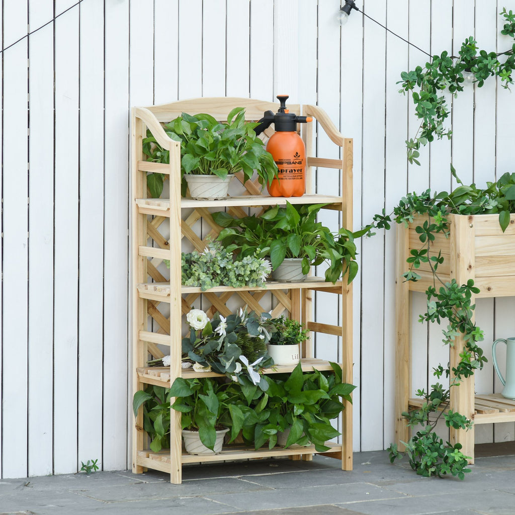 Outsunny Outdoor Plant Stand, Folding Balcony Planter with 4 Adjustable Shelves, Wooden Garden and Home Decor, 67x33x123cm