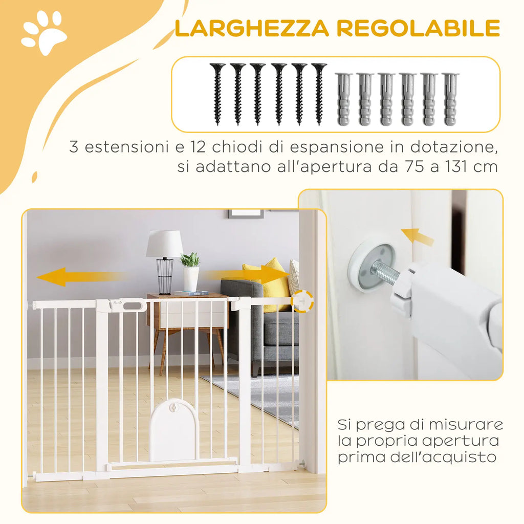 Extendable Dog Gate with Self-Closing Door, Metal and ABS, 75-131x76 cm, White - Borge' Group Limited