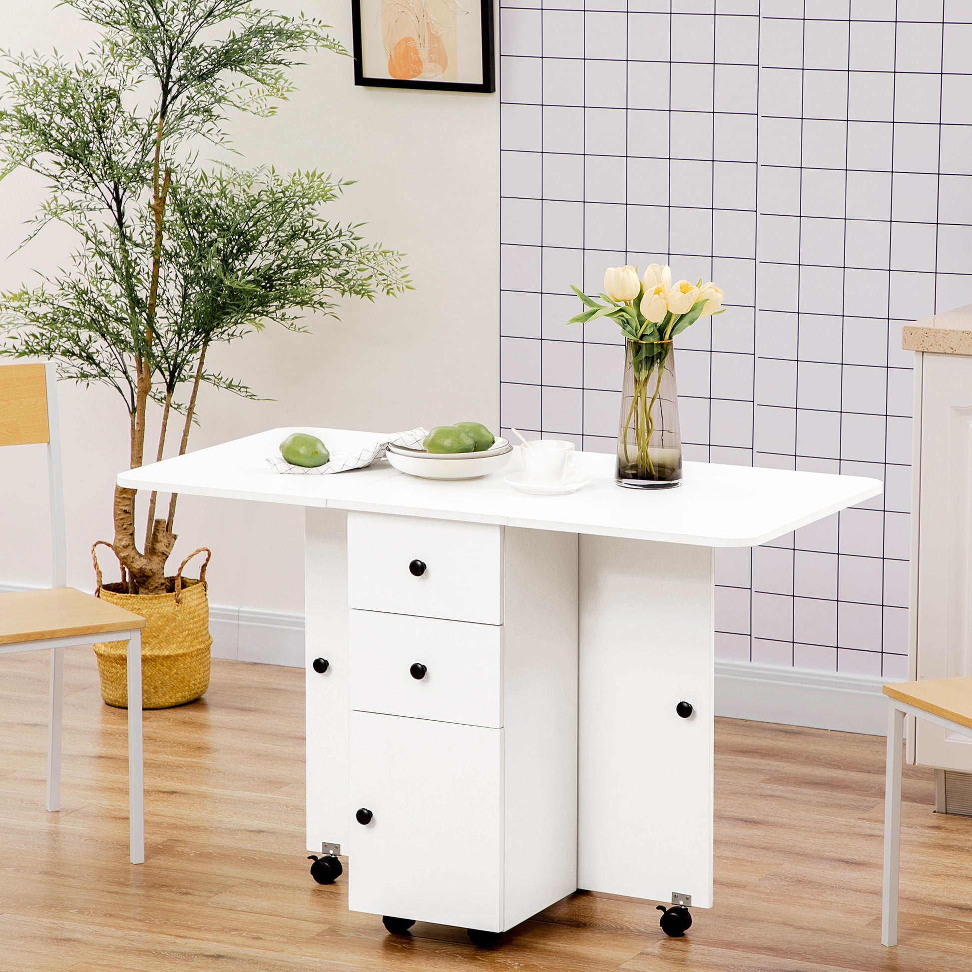 HOMCOM Folding Table for 6 People max with 2 Drawers, Cabinet and Shelf, in Chipboard, 120x60x76.5 cm, White - Borgè