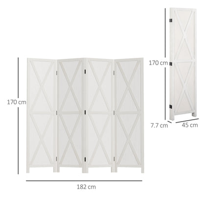 4-Panel Room Divider for Interior, Wooden Room Divider for Bedroom and Office, 182x170 cm, White