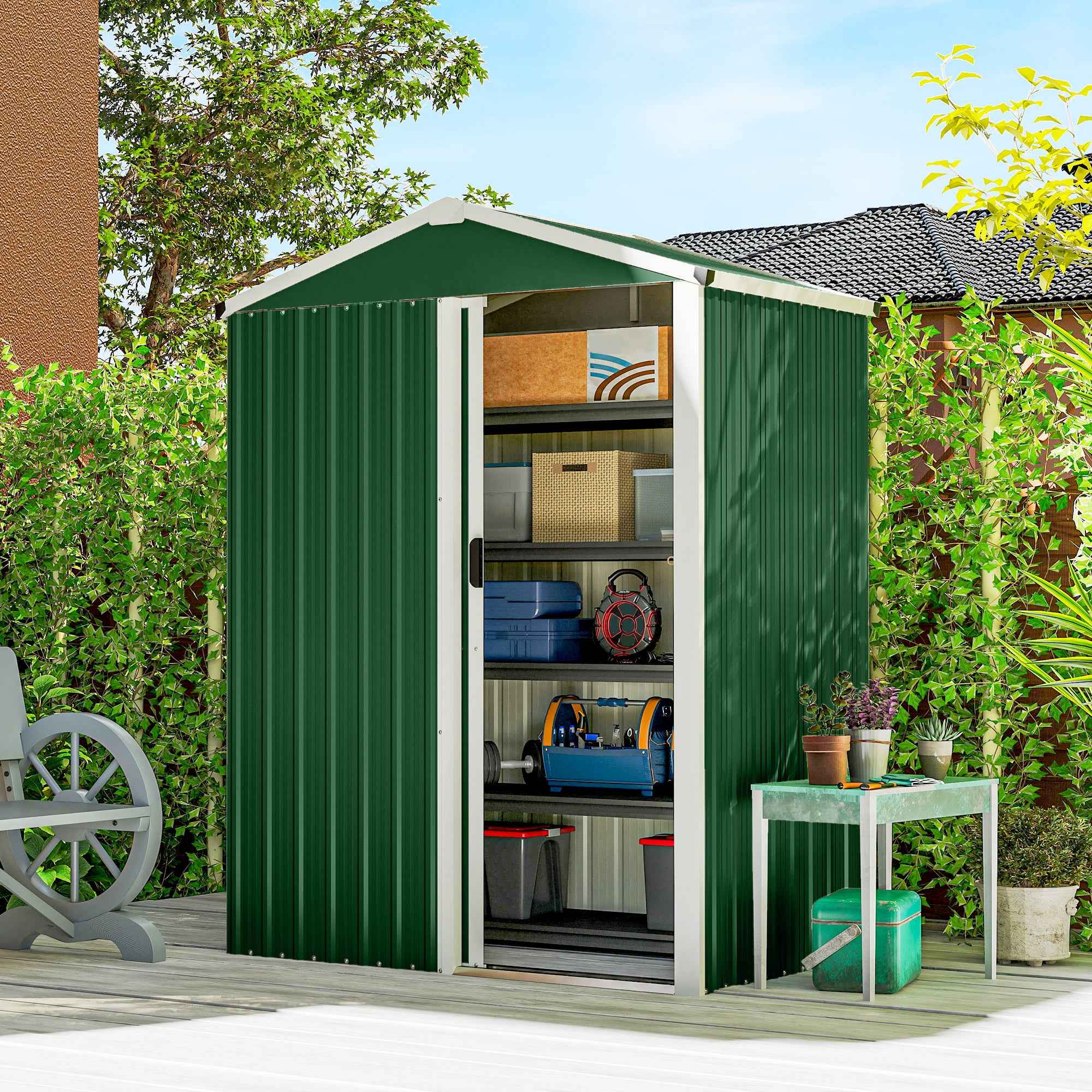 Outsunny 1.1m² Steel Garden Shed with Lockable Sliding Door, 136x87x179cm, Green