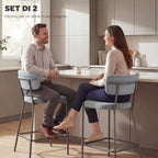 Set of 2 Bar Stools with Backrest and Footrest in Metal and Fabric, Light Grey