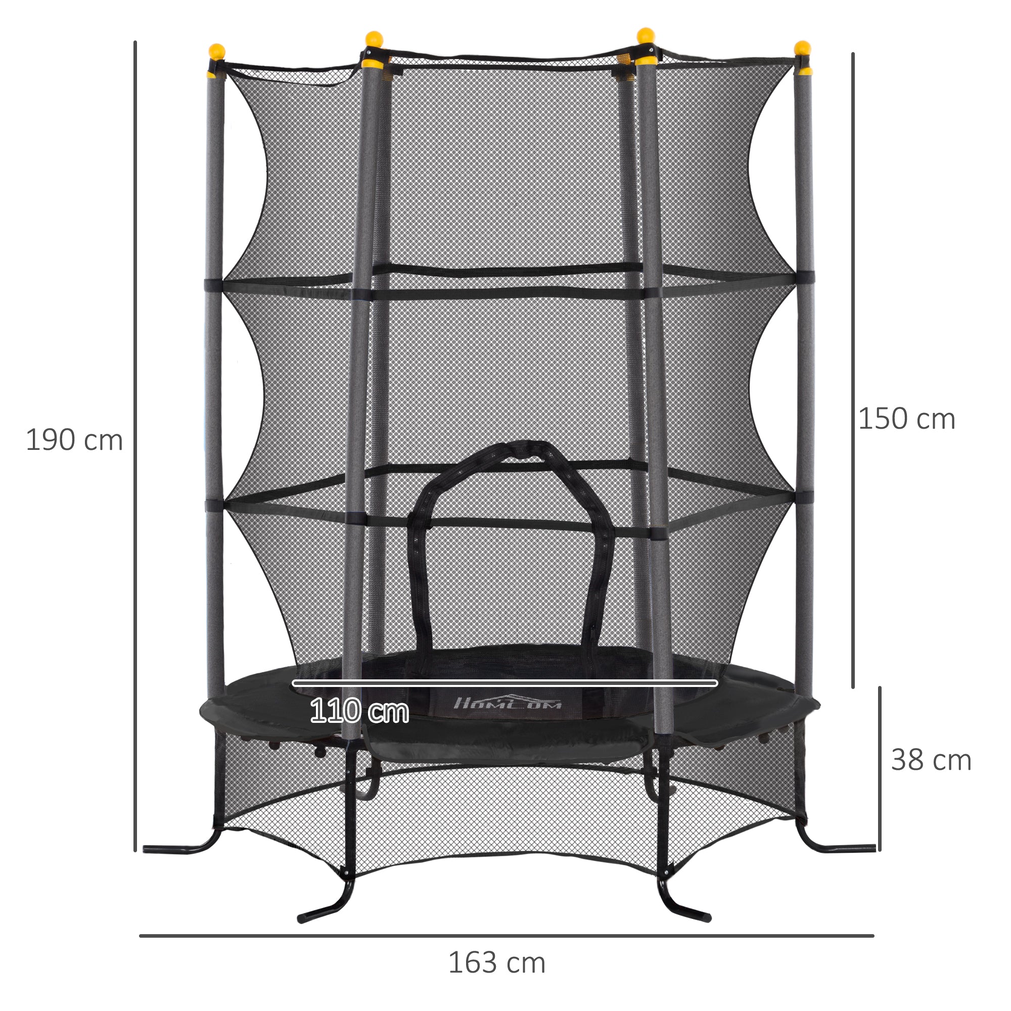 Children's Trampoline Ø1.6x1.9 m with Safety Net and Padded Poles, Ages 3-10 Years, Black