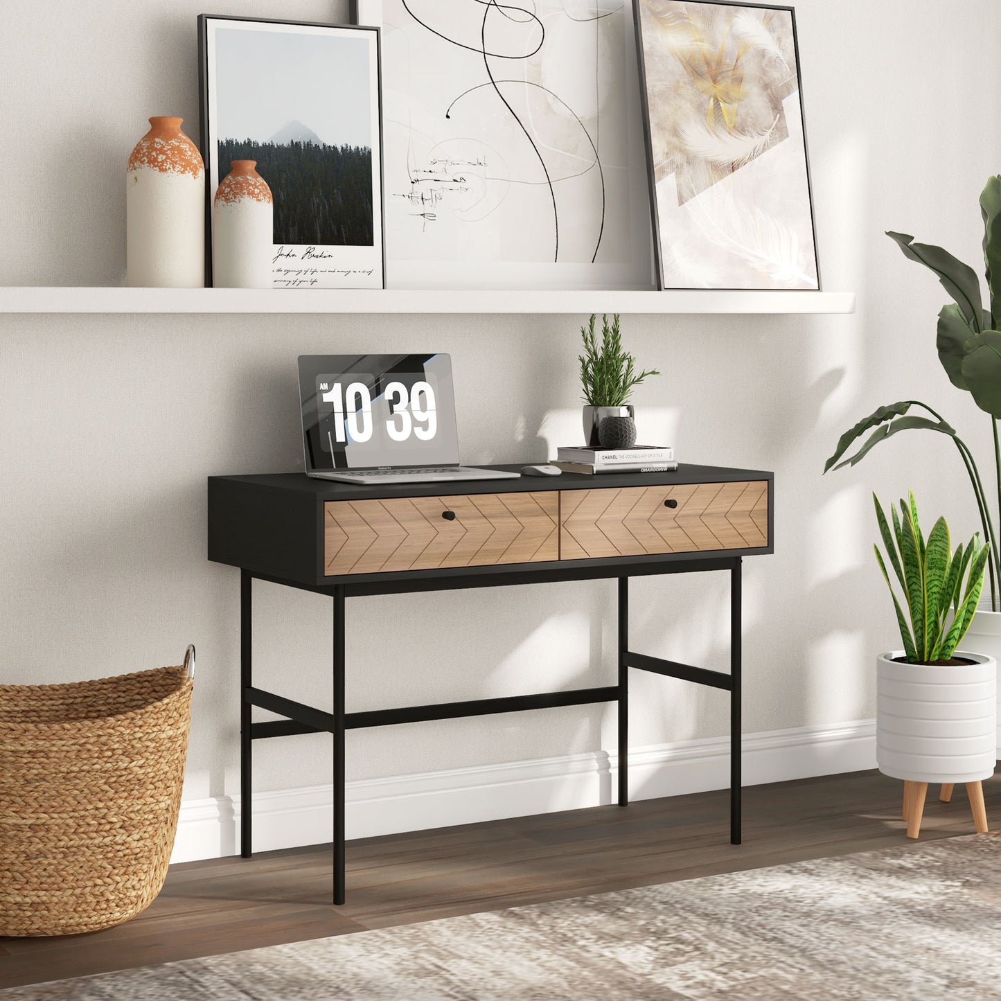 Modern Office Desk with 2 Drawers, Steel and MDF, 106x50x77 cm, Black and Oak - Borgè