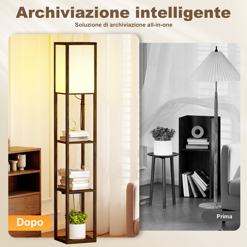 Floor Lamp with Shelves, Dimmable Light, Foot Switch and USB Ports, Brown