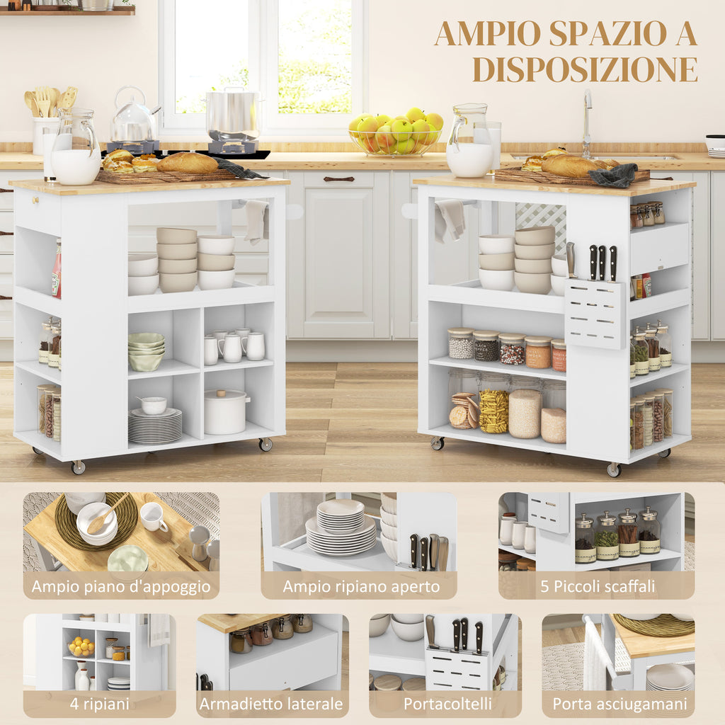 Kitchen Island Cart with Adjustable Shelves, Knife Holder and Wooden Top, 86.5x47x88 cm, White