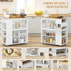 Kitchen Island Cart with Adjustable Shelves, Knife Holder and Wooden Top, 86.5x47x88 cm, White