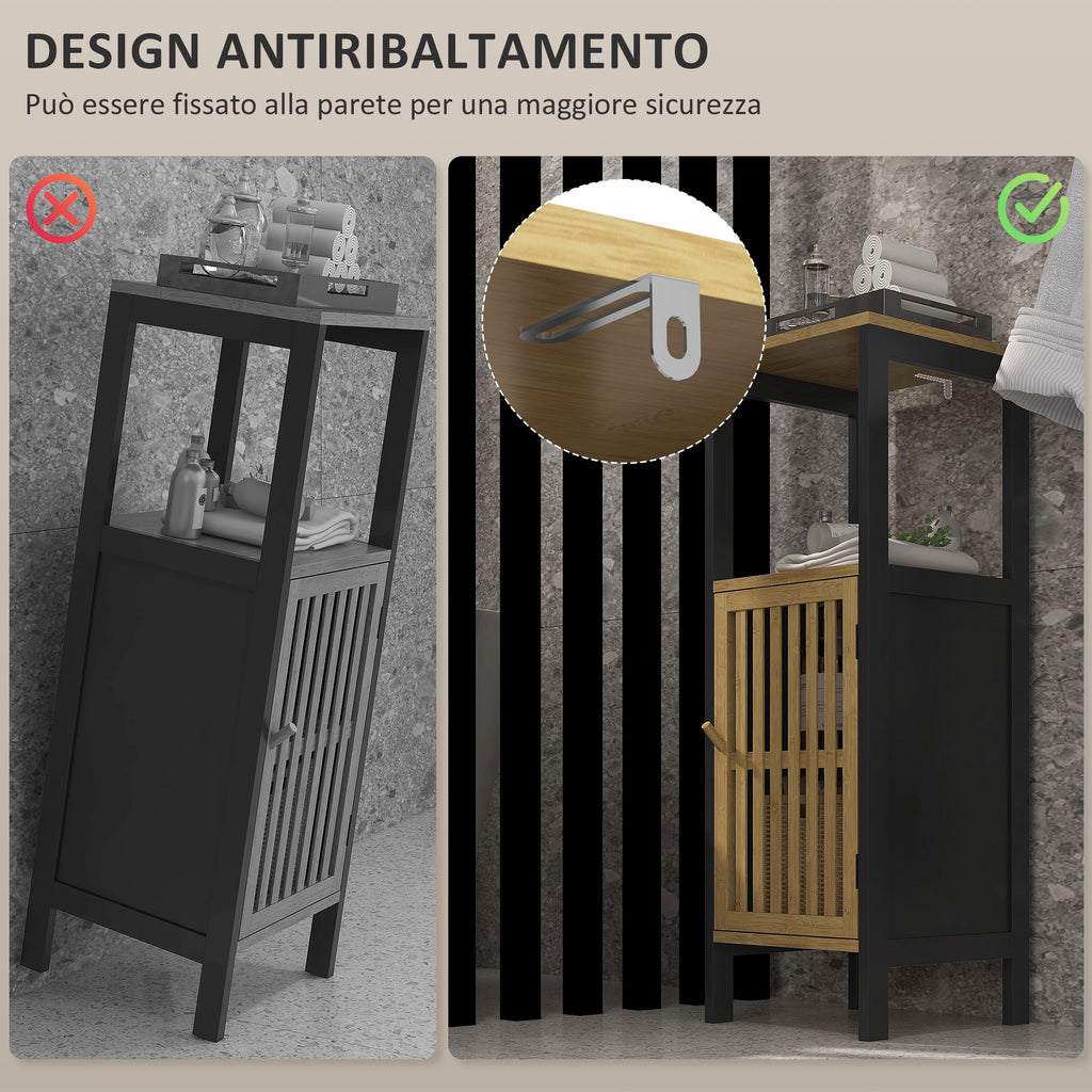 HOMCOM Bathroom Cabinet with Open Shelf and Cabinet, in MDF and Bamboo, 32x30x90.5 cm, Black and Wood Color - Borgè
