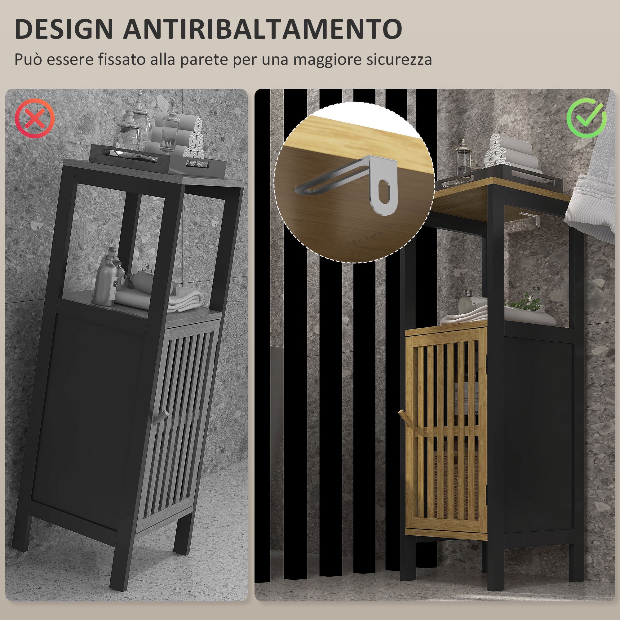 HOMCOM Bathroom Cabinet with Open Shelf and Cabinet, in MDF and Bamboo, 32x30x90.5 cm, Black and Wood Color - Borgè