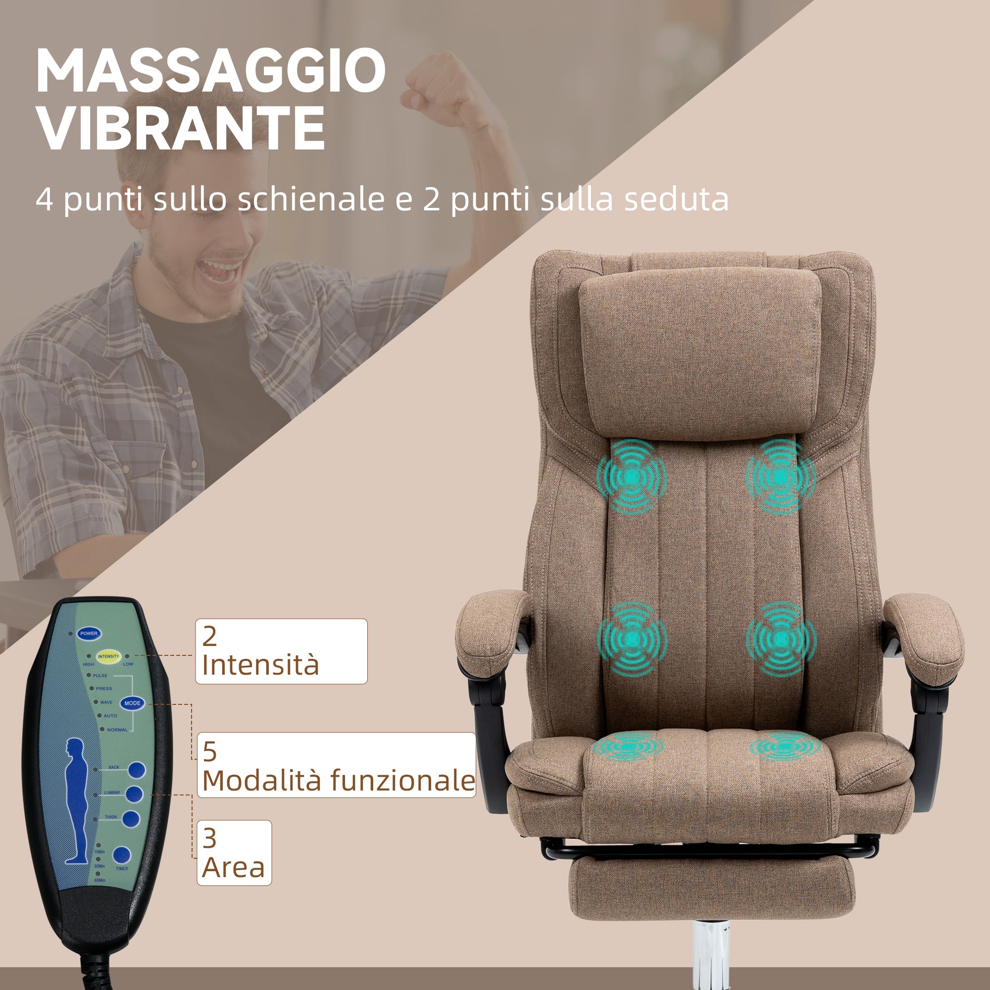 Massage Office Chair with Footrest and Remote Control, in Linen Effect Fabric, 65x61x105-113 cm, Brown