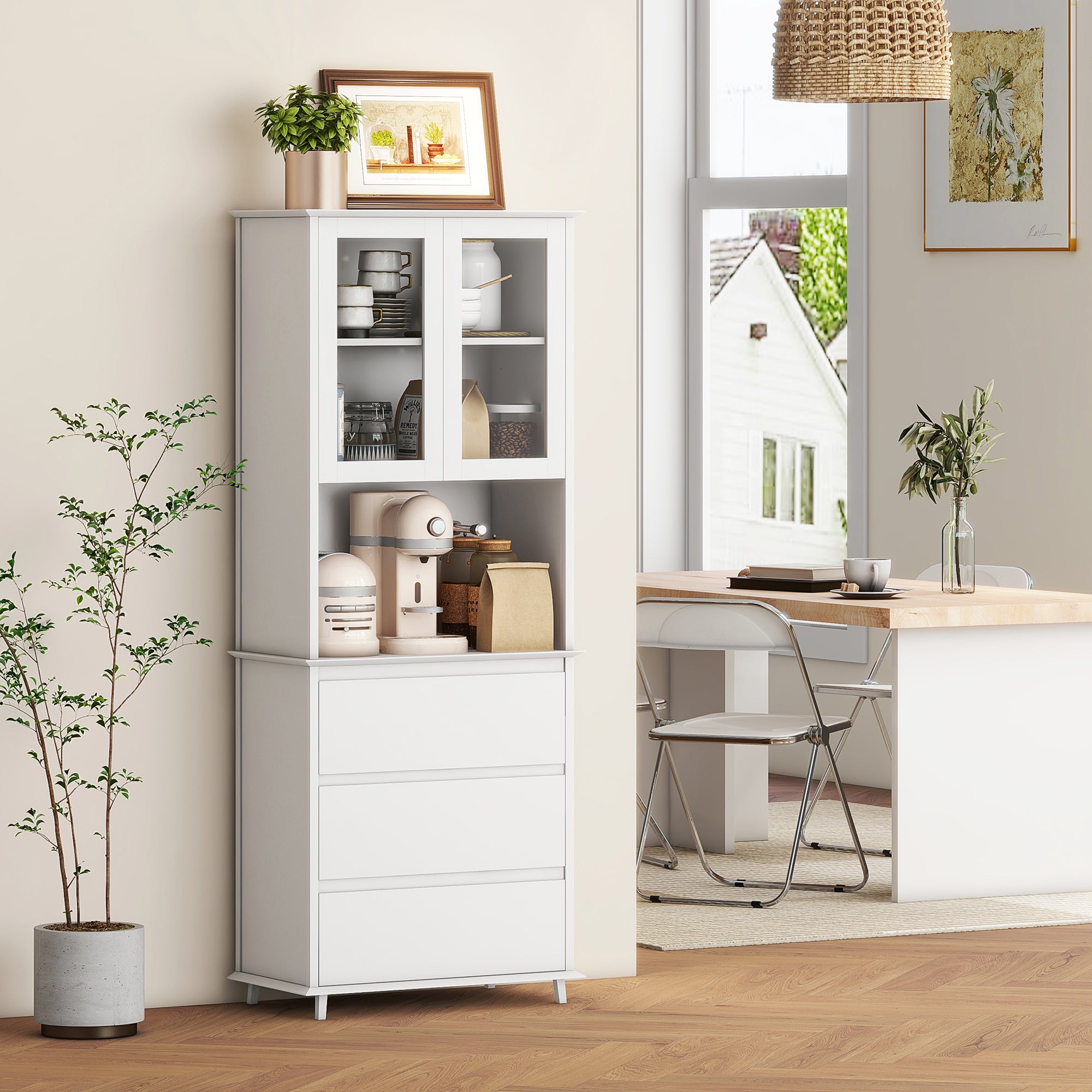 Tall Kitchen Pantry with 2-Tier Cabinet and 3 Drawers, in MDF, 68x38x172 cm, White