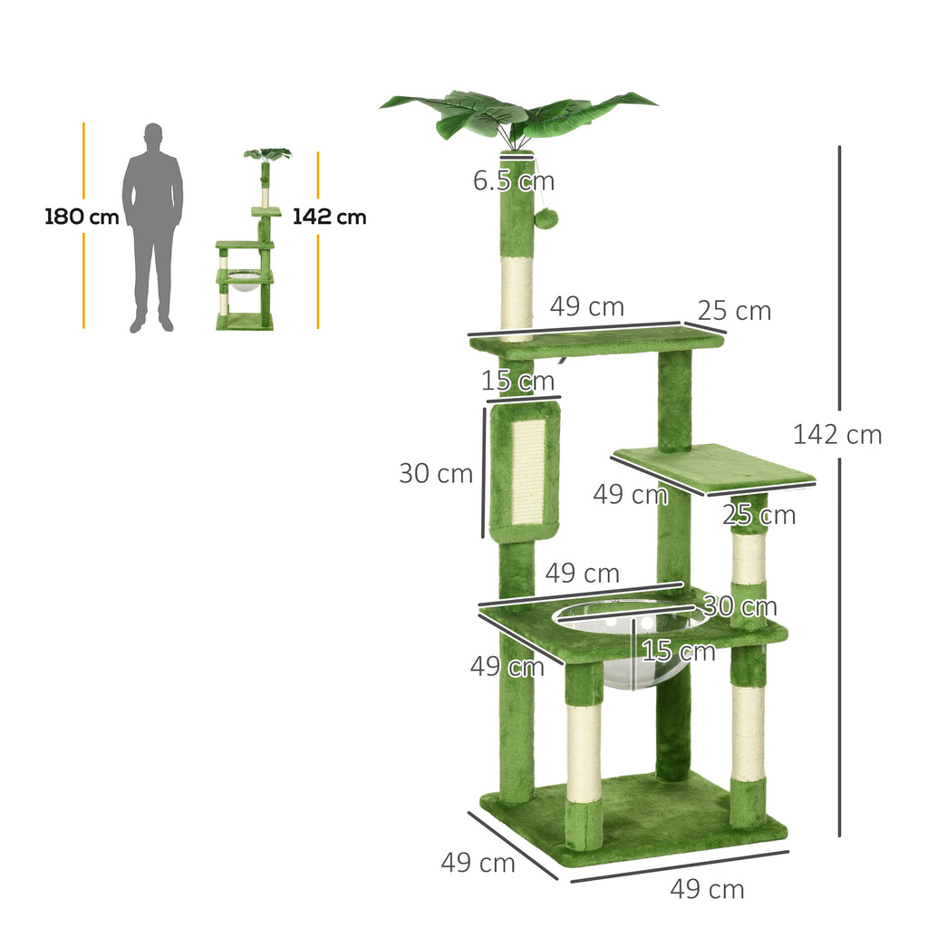 Multi-Level Cat Tree with Hammock, Scratching Post, Ball and Decorative Leaves, 49x49x142 cm, Green