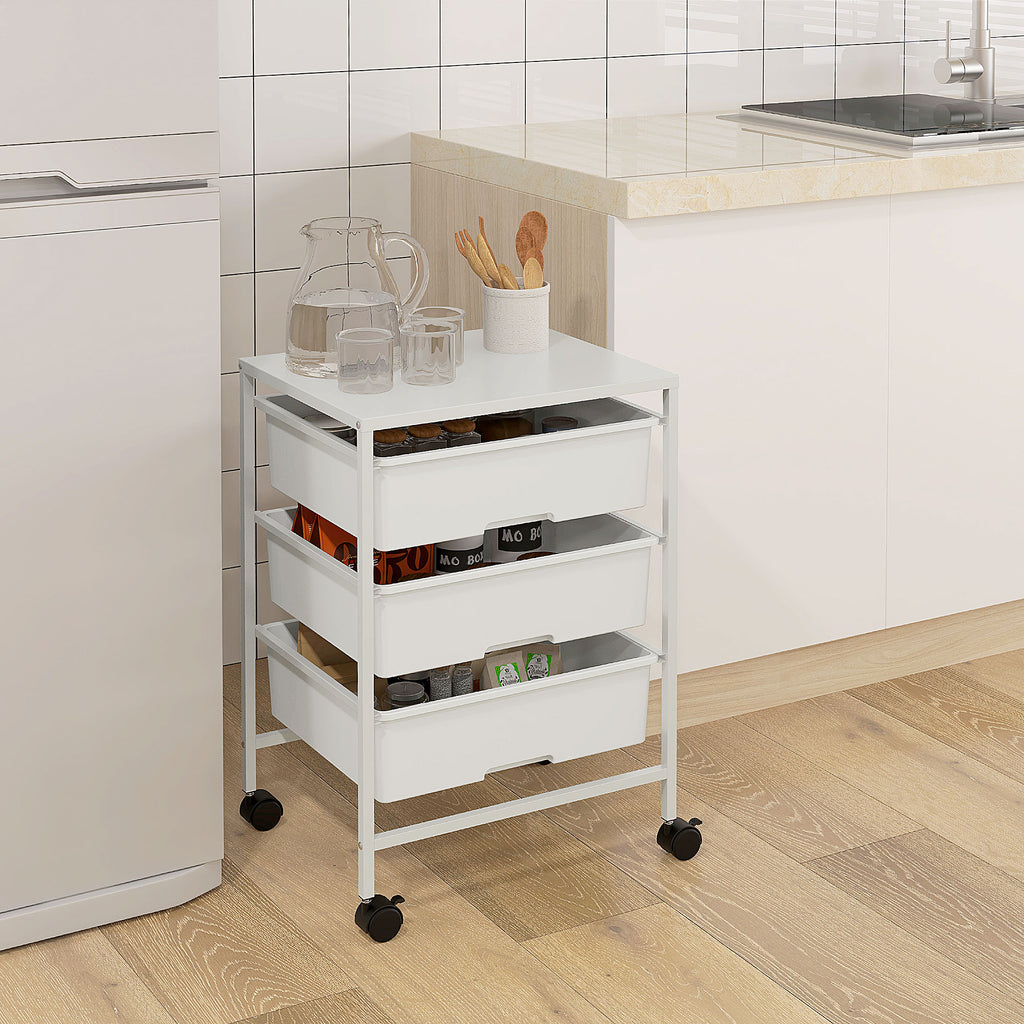 HOMCOM Multipurpose Trolley with 3 Removable Baskets and Wheels for Kitchen and Office in Steel and PP, White - Borgè