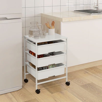 HOMCOM Multipurpose Trolley with 3 Removable Baskets and Wheels for Kitchen and Office in Steel and PP, White