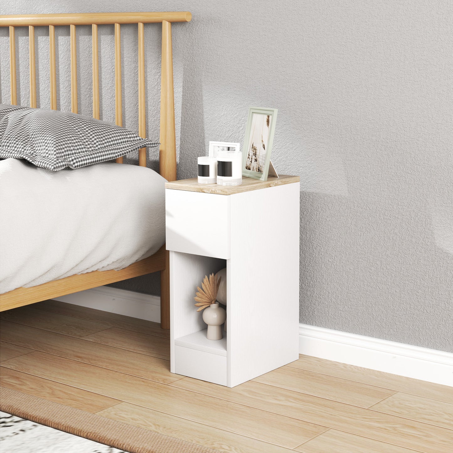 Modern Bedside / Side Table with Drawer and Wooden Shelf, 20x30x50 cm, White