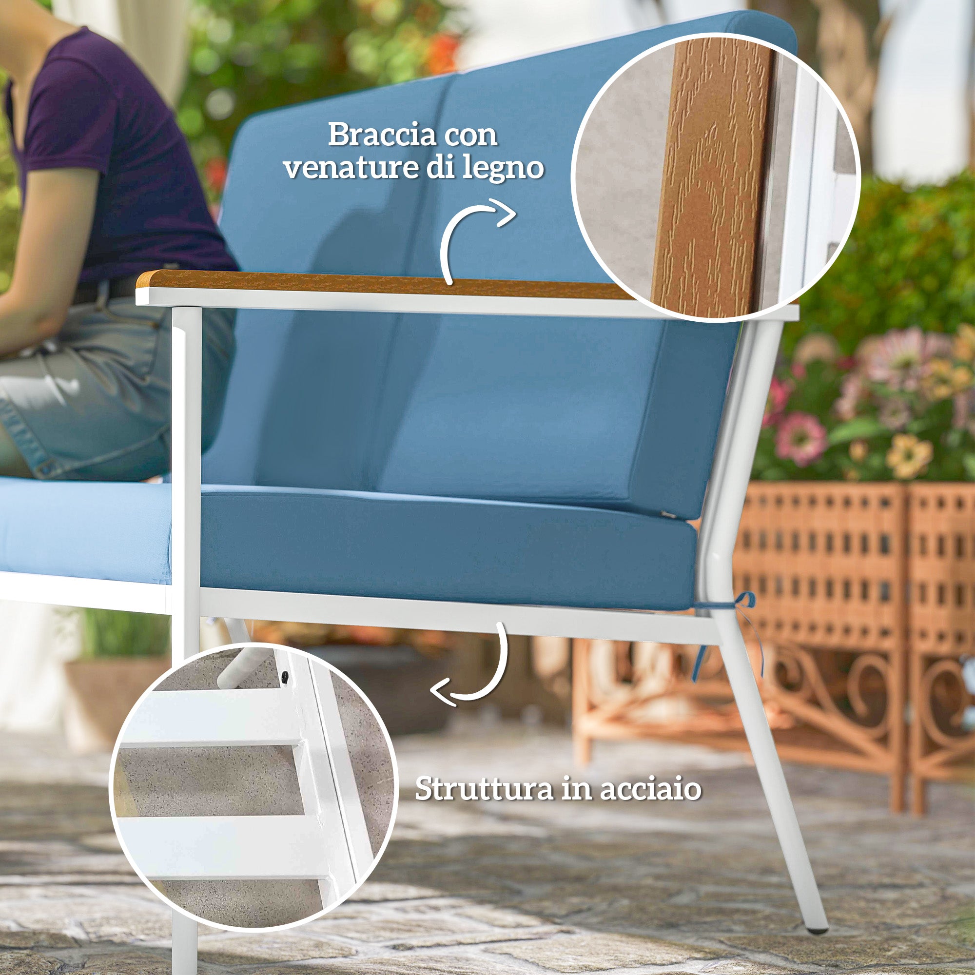 Outdoor Set with 2-Seater Sofa, 2 Armchairs and 2 Glass Coffee Tables, Light Blue