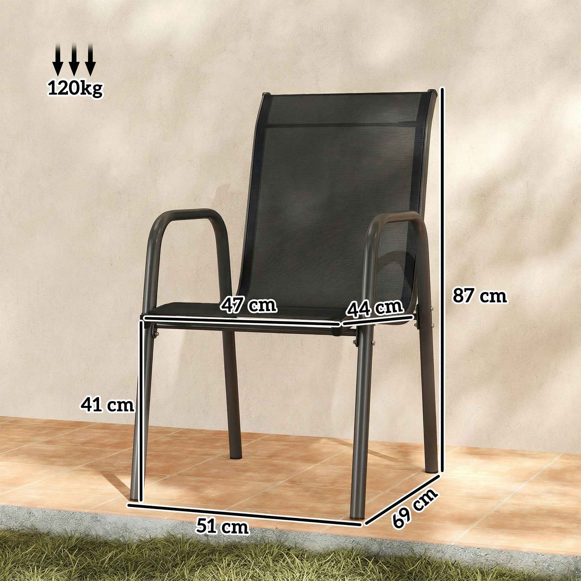 Outsunny Set of 4 Stackable and Breathable Chairs with Armrests and High Backrest, in Metal and Polyester, 51L x 69D x 87H cm, Black