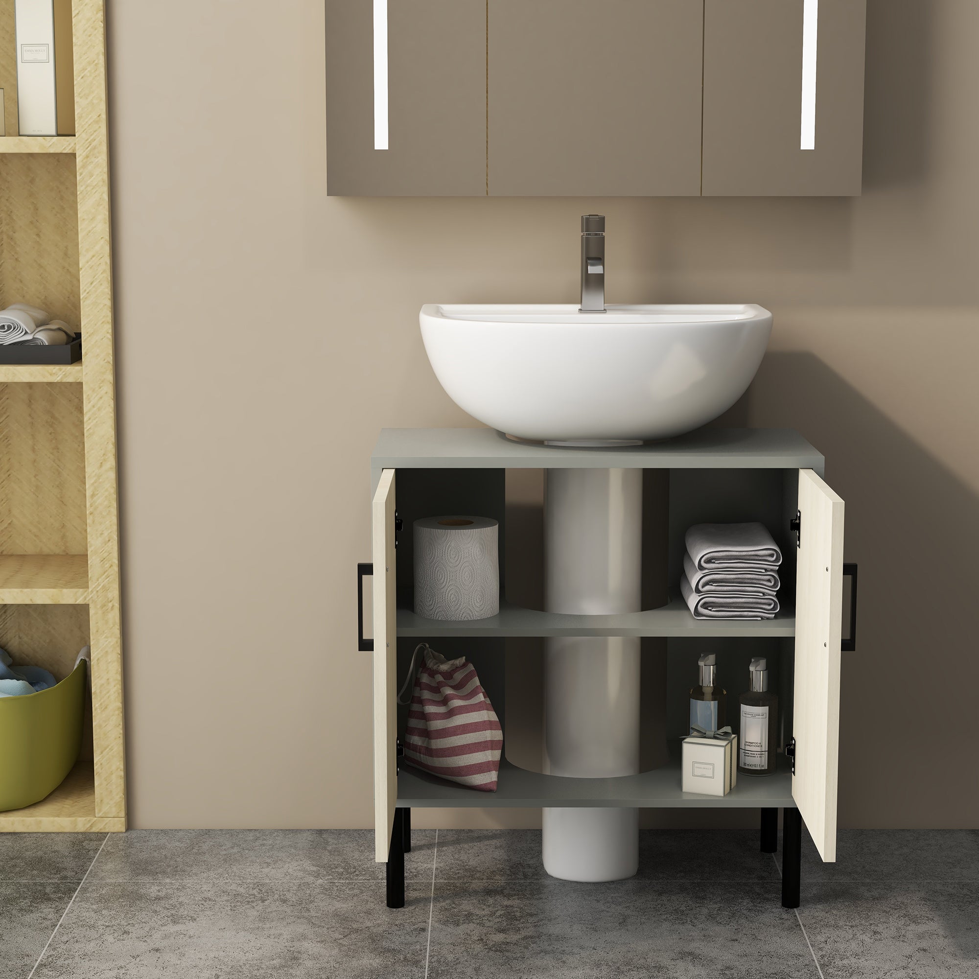 kleankin Bathroom Cabinet with Double Door and Chipboard Shelf, 60x30x60cm, Grey and Oak Color