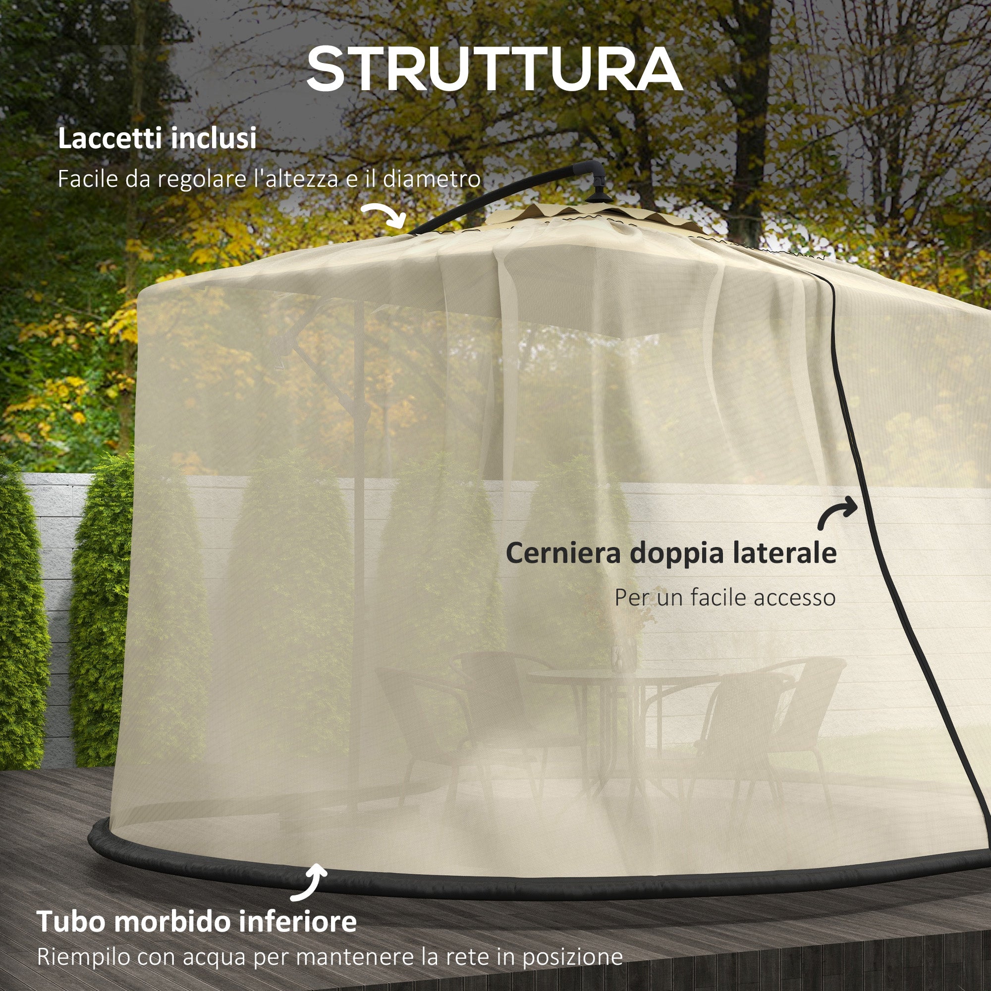 Mosquito Net for Umbrella 3x2.3 m Adjustable Dense Mesh with Zipper Opening, Beige