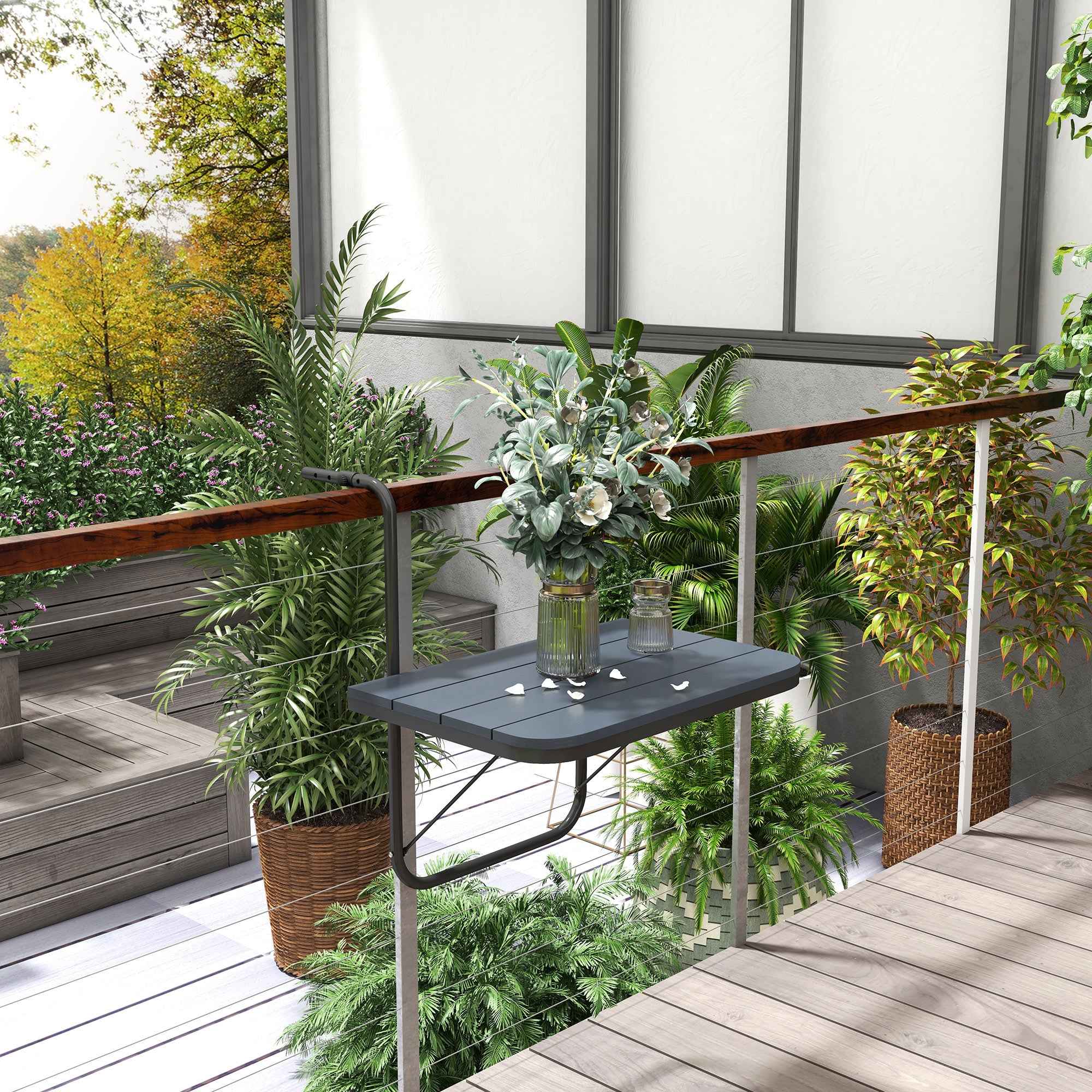 Outsunny Folding and Adjustable Balcony Table, Made of Aluminum and Composite Wood, 60x40x55-64 cm, Black