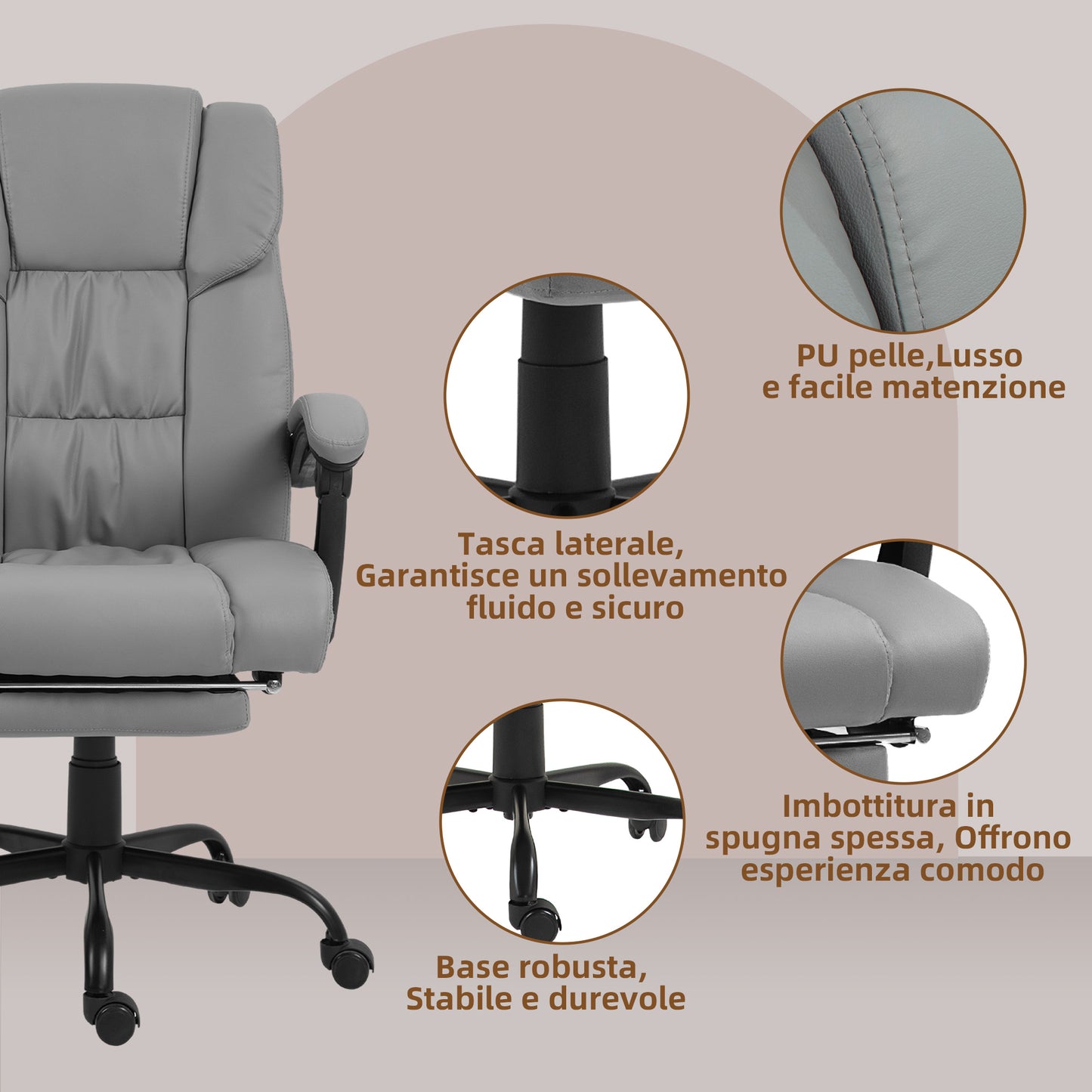 Massage and Recliner Chair with Footrest, in Faux Leather and Steel, 66x75x112-122 cm, Grey