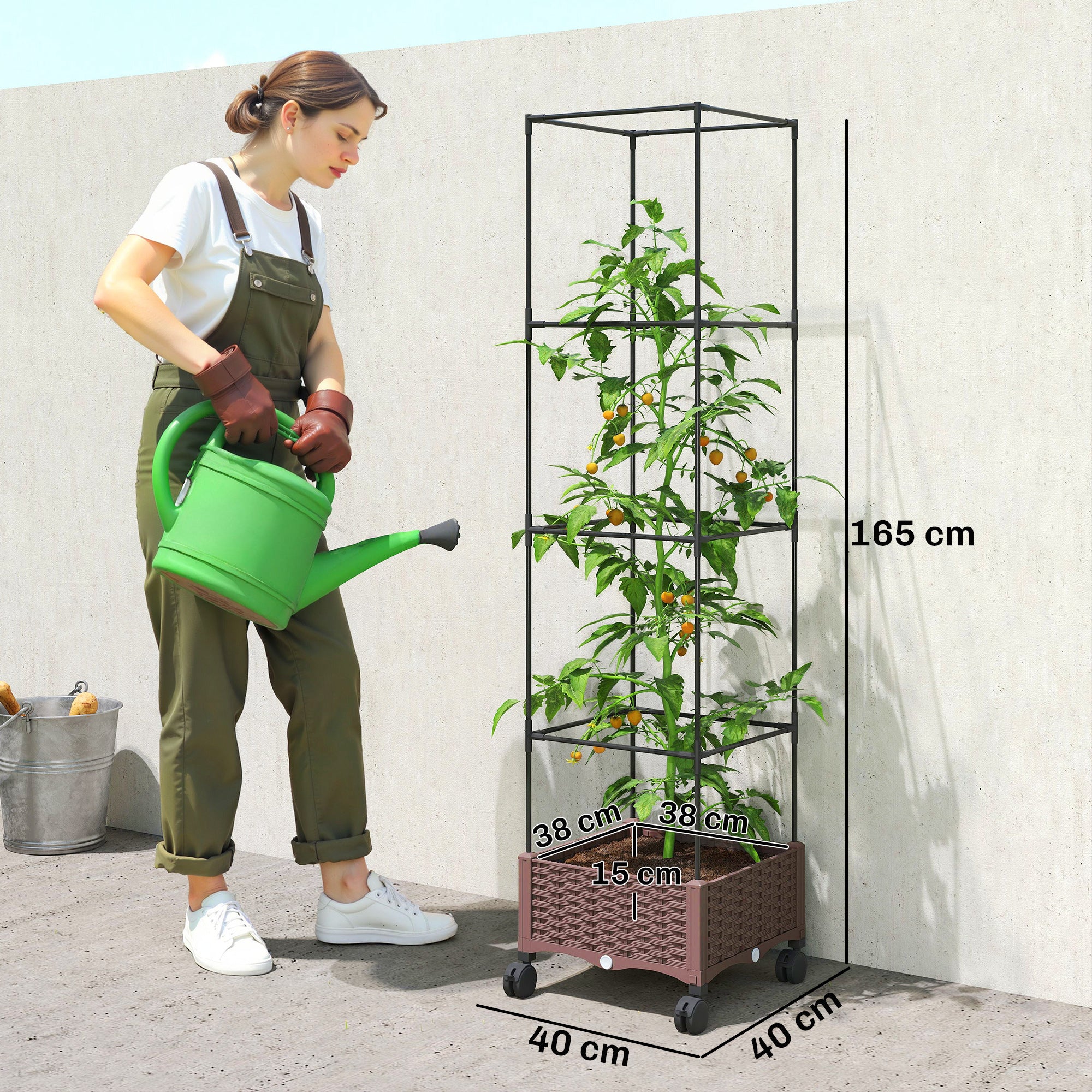 Outsunny 20L Raised Trellis Planter with Lockable Wheels and Self-Watering System, Brown