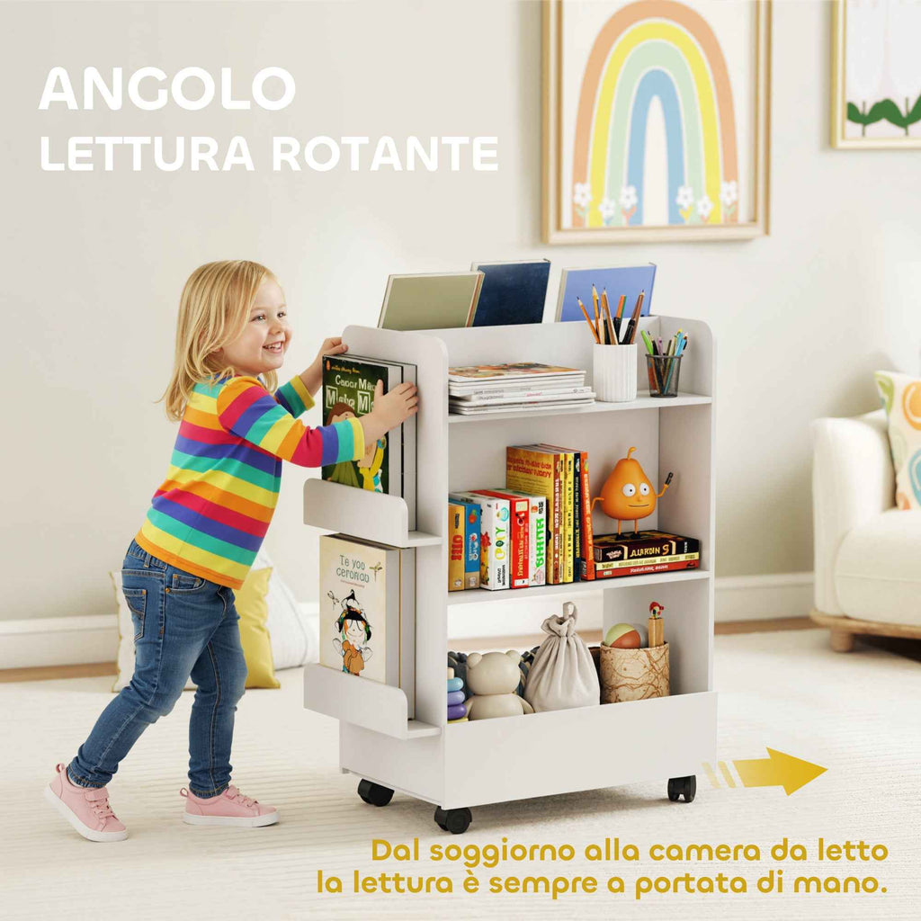 AIYAPLAY Double-Sided Bookcase for Children Ages 3-8, Toy Storage Rack with Wheels and Blackboard, White