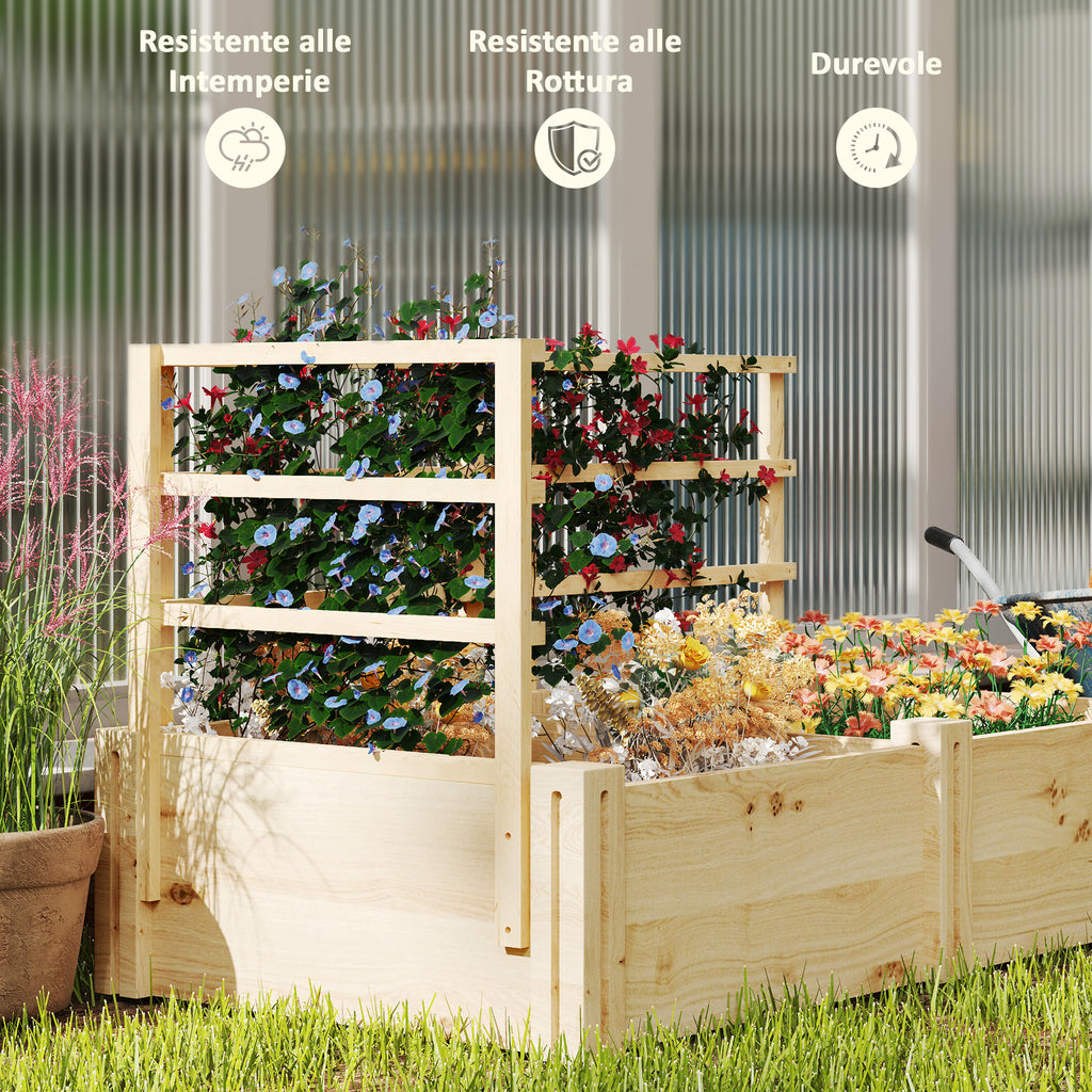 Garden Bed with 3 Trellis and 2 Fir Wood Planters with Open Bottom, 119x62.5x64 cm, Wood Color