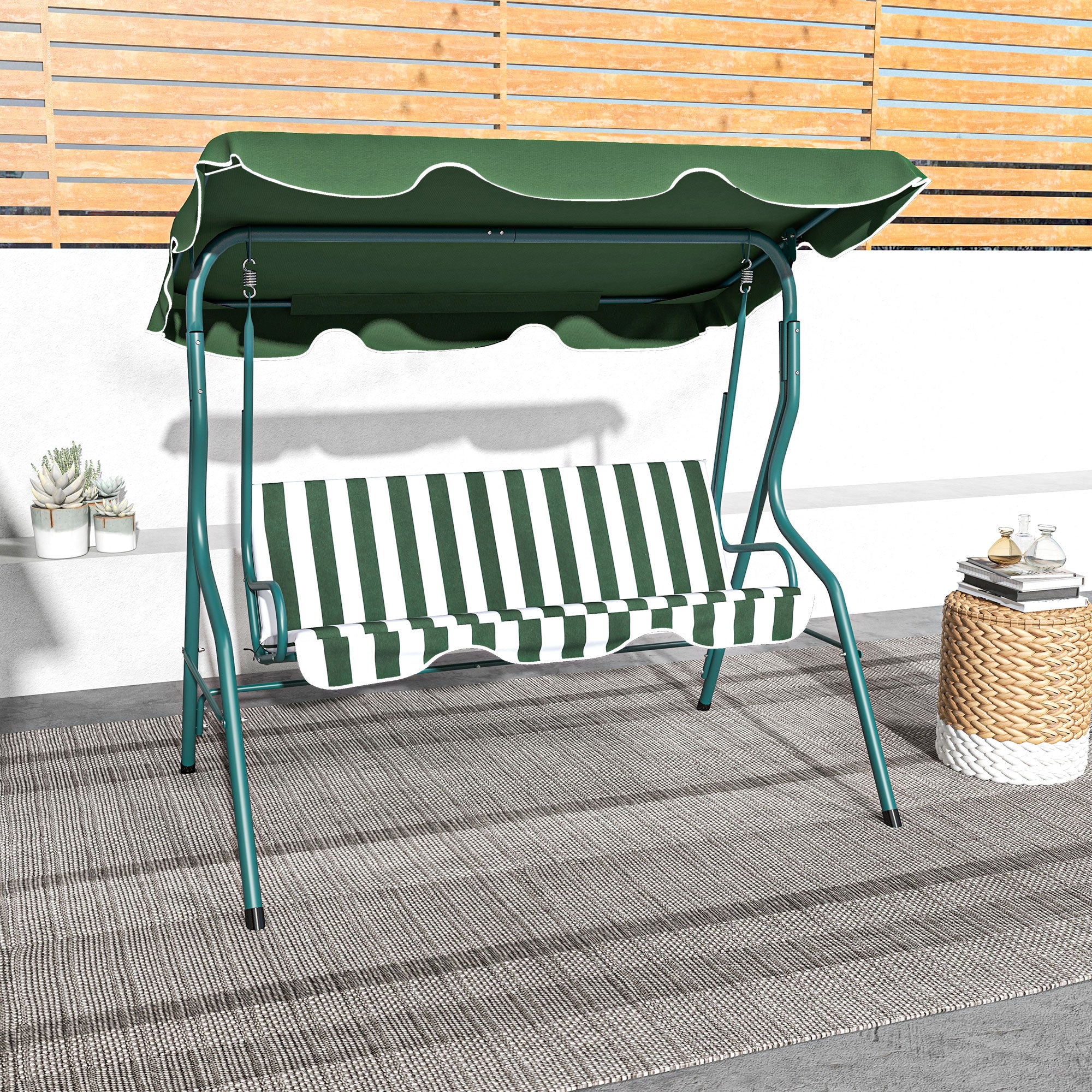 3-Seater Swing with Adjustable Canopy and Cushions, in Steel and Polyester, 170x110x153 cm, Green and White