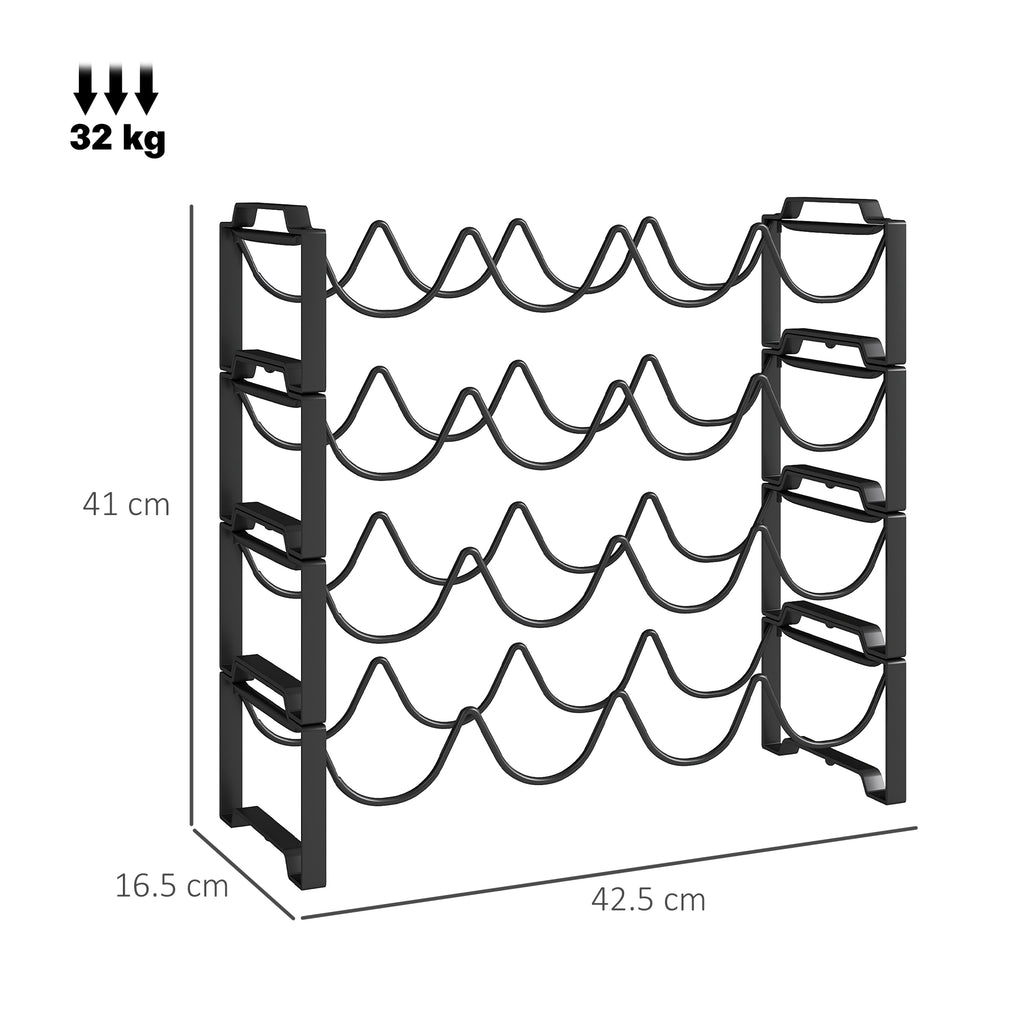 4-Tier Stackable Wave Bottle Rack for 16 Bottles, Metal, 42.5x16.5x41 cm, Black
