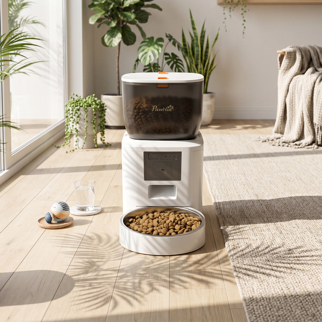 PawHut Automatic Cat and Dog Food Dispenser 4L WiFi 2.4G, App Control with Camera, Bowl, White