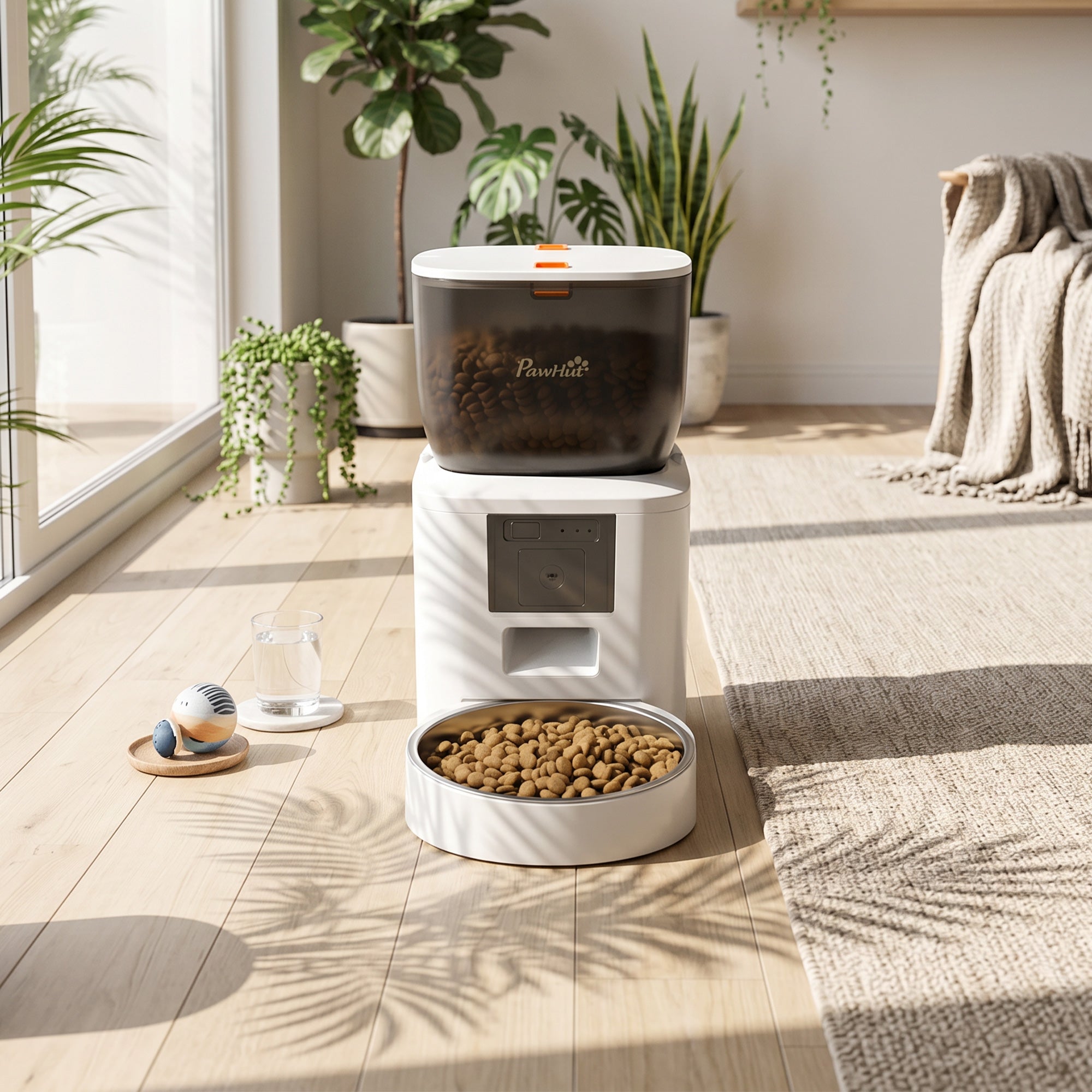 PawHut Automatic Cat and Dog Food Dispenser 4L WiFi 2.4G, App Control with Camera, Bowl, White