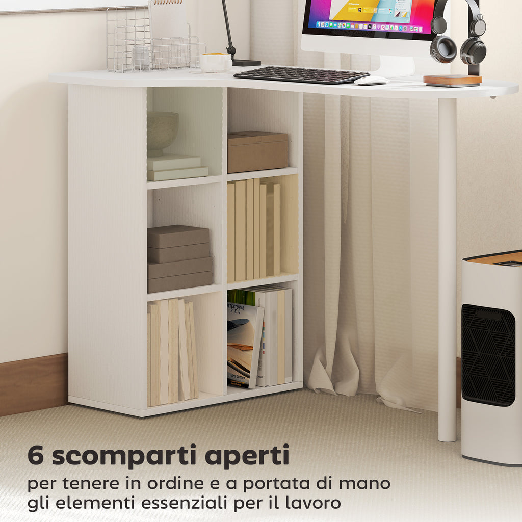 Curved Bedroom Desk with 6 Shelves and 4 Adjustable Shelves, Steel and Wood, 100x59x75.5 cm, White