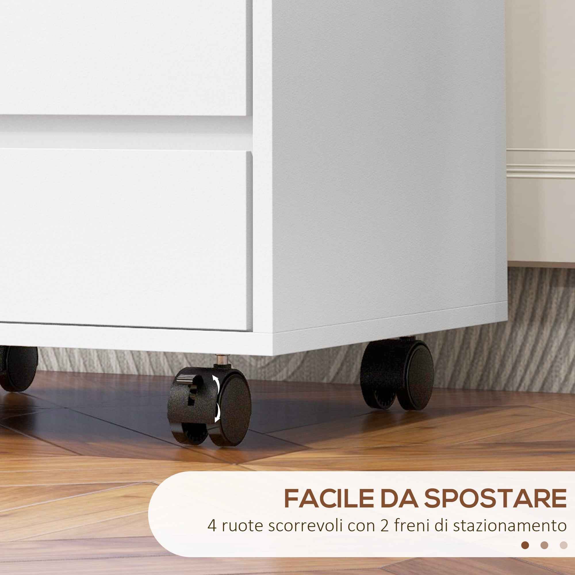 HOMCOM Office Drawer Unit with 4 Drawers and Braked Casters in MDF Wood, 46x40x65 cm, White