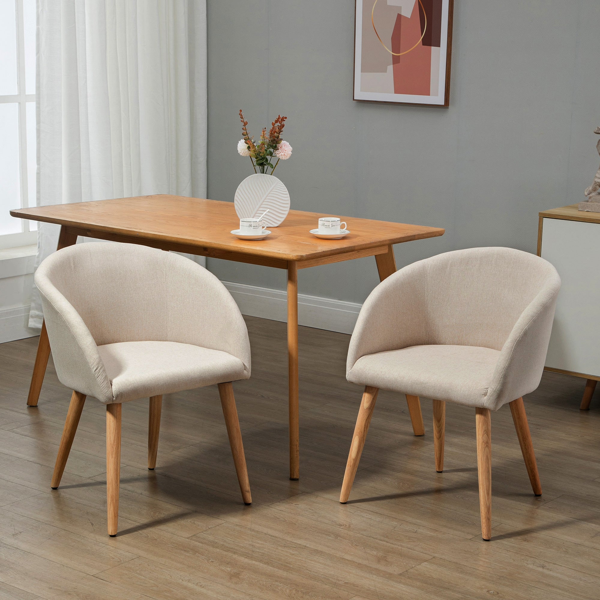 Set of 2 Scandinavian Style Fabric Upholstered Dining Chairs, 55x56x74 cm, Beige