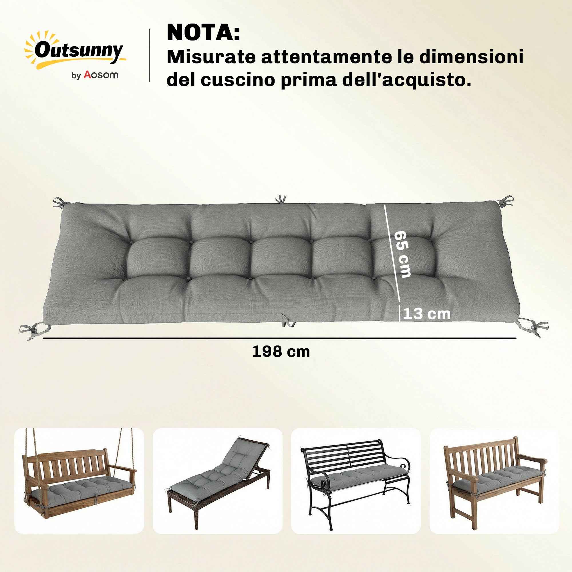 Outsunny Outdoor Chaise Lounge Cushion UV50+, 198 x 65 cm, Light Grey