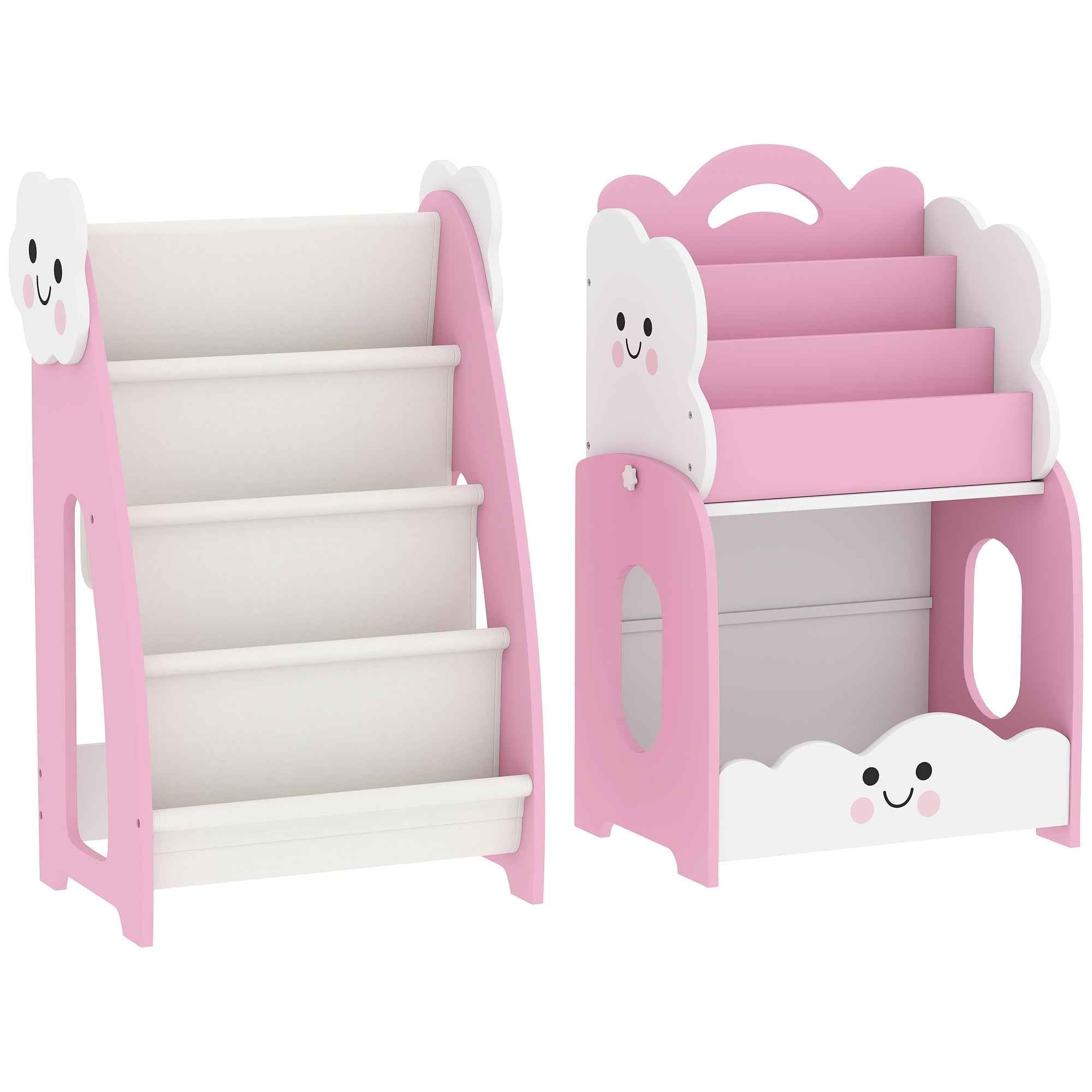 AIYAPLAY Children's Wooden Cabinet with Magazine Rack, 3-Tier Bookcase and Bedside Table, 85.5x32x72 cm, Pink and White