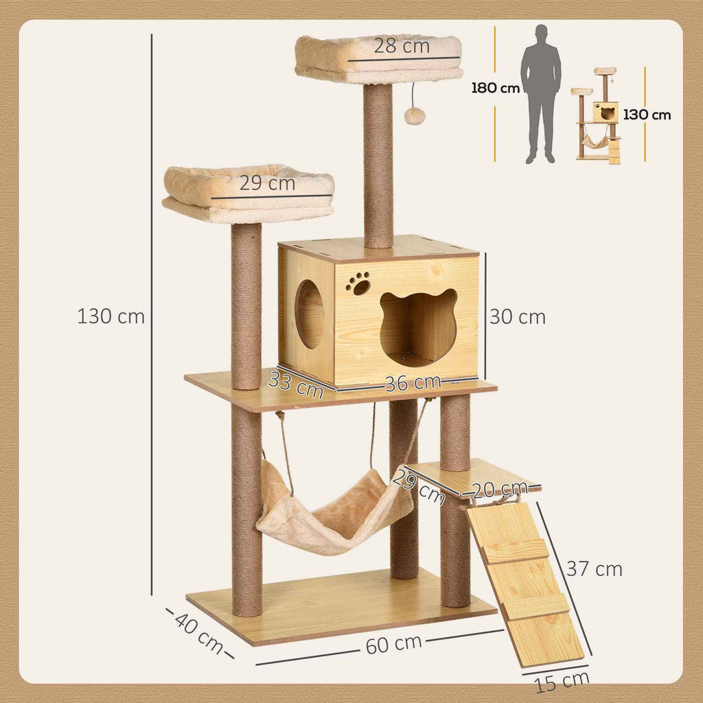 PawHut Cat Scratching Tree with House, 2 Beds, Hammock and Ball, Made of Wood, Polyester and Sisal, 60x40x130 cm