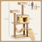 PawHut Cat Scratching Tree with House, 2 Beds, Hammock and Ball, Made of Wood, Polyester and Sisal, 60x40x130 cm