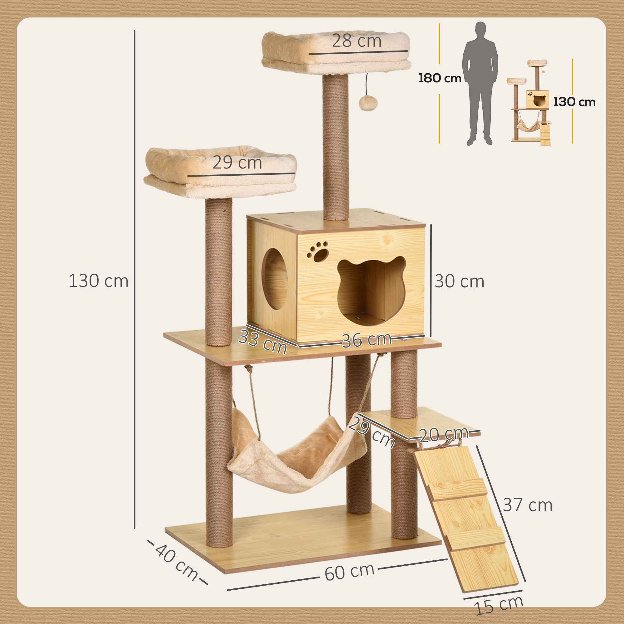 PawHut Cat Scratching Tree with House, 2 Beds, Hammock and Ball, Made of Wood, Polyester and Sisal, 60x40x130 cm