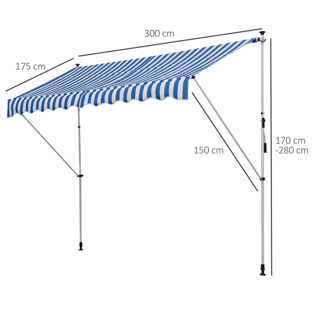 Outsunny 3x1.5m Arm Awning with Crank and Telescopic Structure, White and Blue
