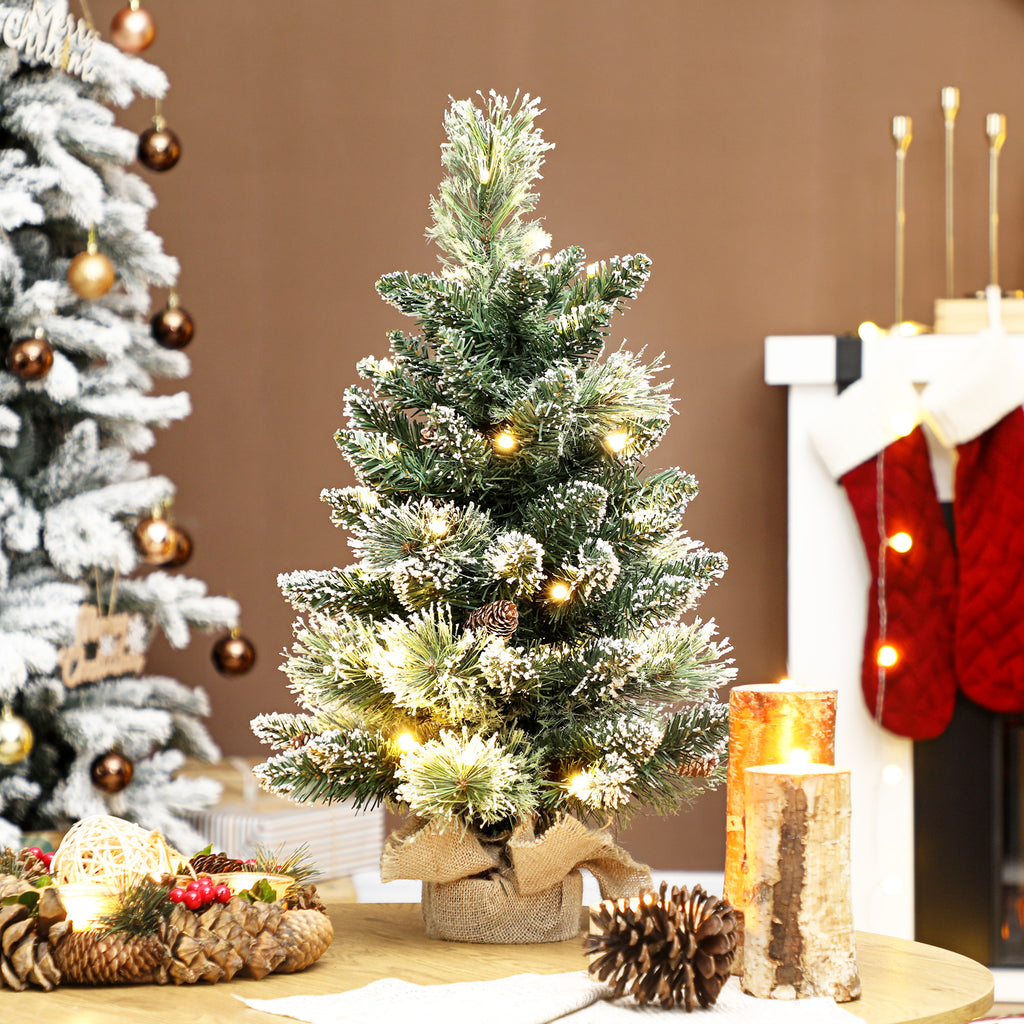 60cm Tall Small Christmas Tree with 35 White LED Lights, 64 Fireproof Branches with Pine Cones, Green