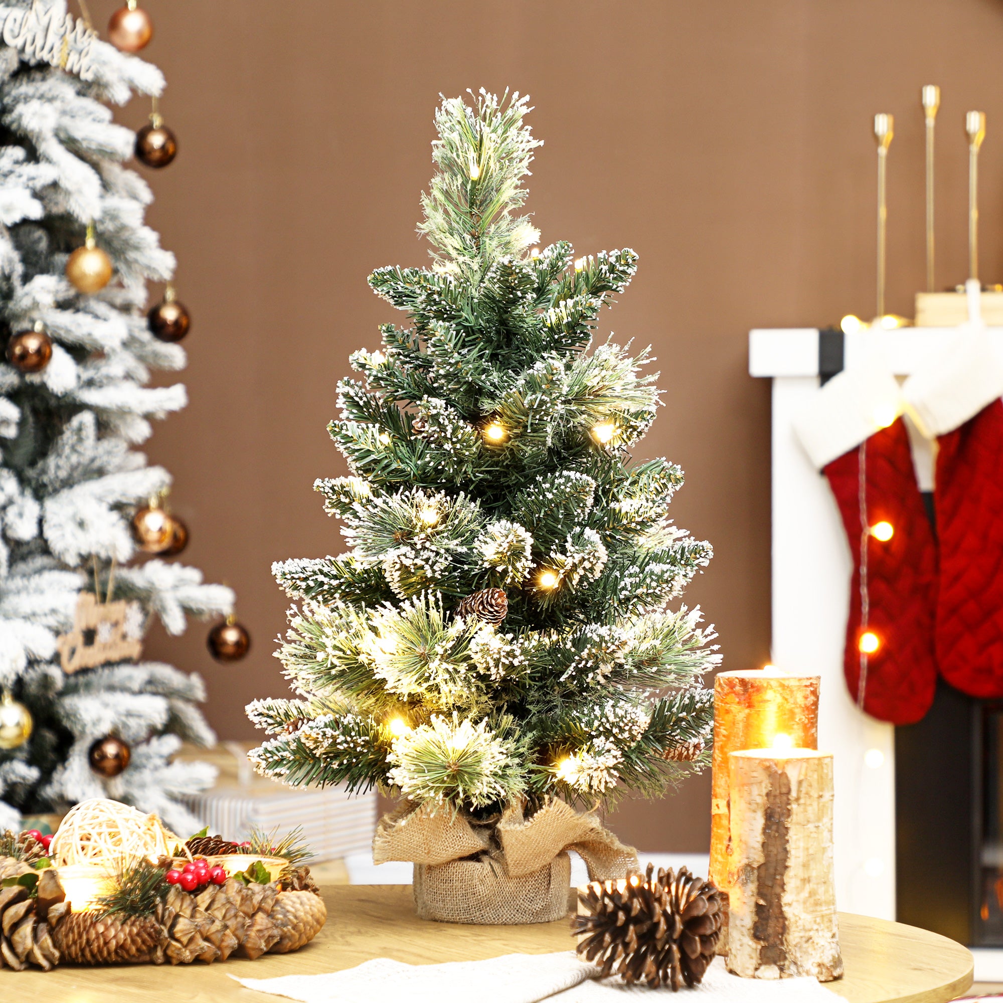 60cm Tall Small Christmas Tree with 35 White LED Lights, 64 Fireproof Branches with Pine Cones, Green