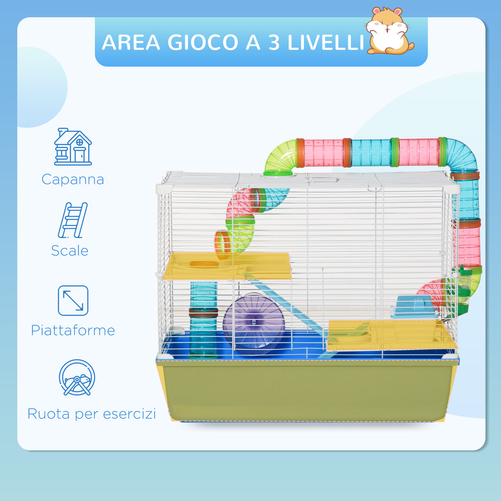 3-Tier Hamster Cage with Tunnel, House and Hamster Wheel, 59x36x47cm, Blue and White