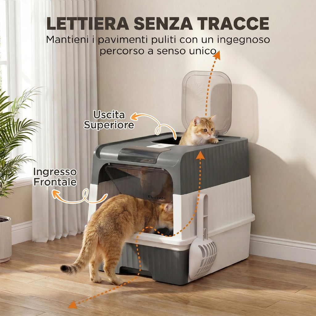 PawHut Cat Litter Box M with Lid, Removable Tray, Scoop, 4 Deodorant Packets, Grey