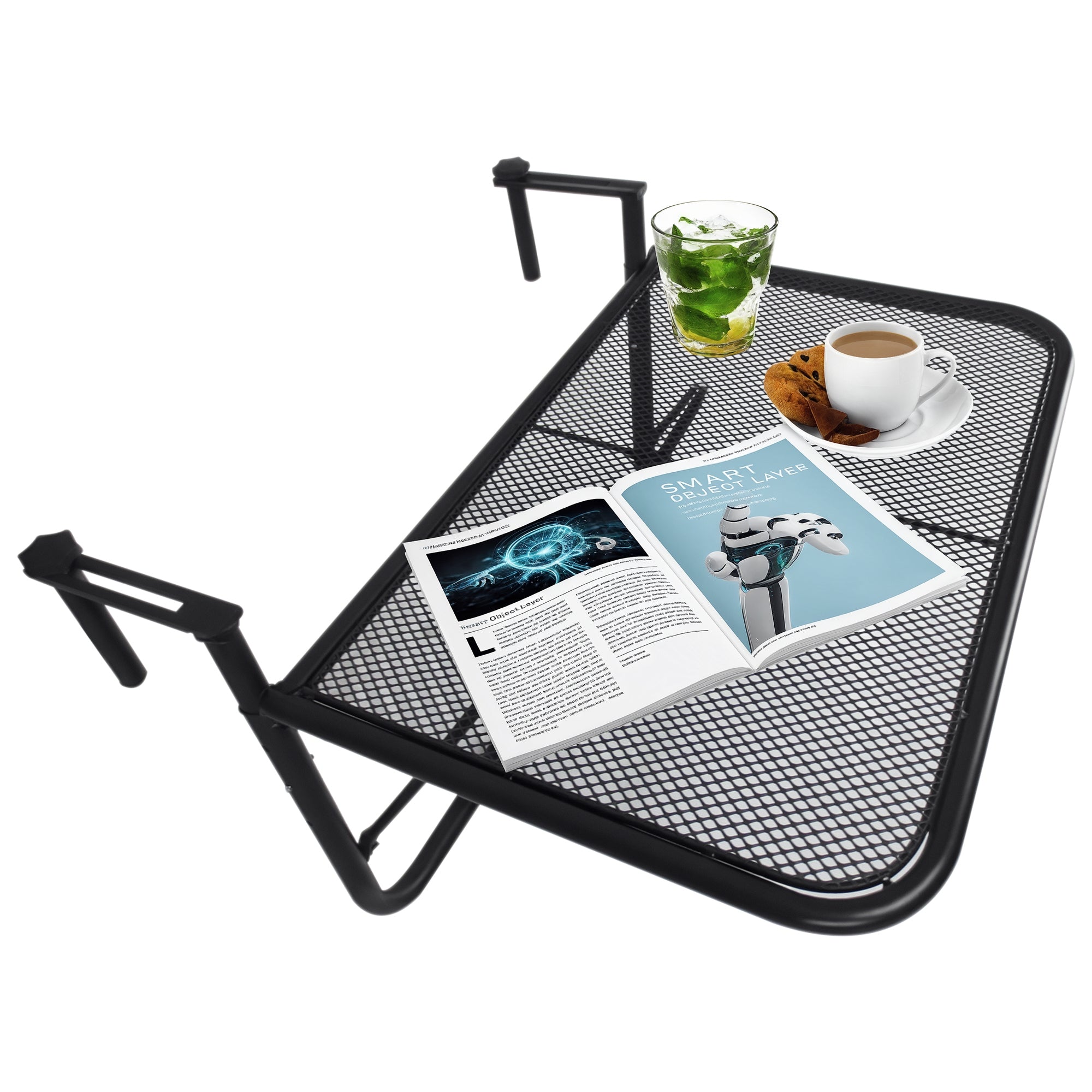 3-Tier Adjustable Height Railing Table with Hooks, Metal, 60x56.5x45 cm, Black