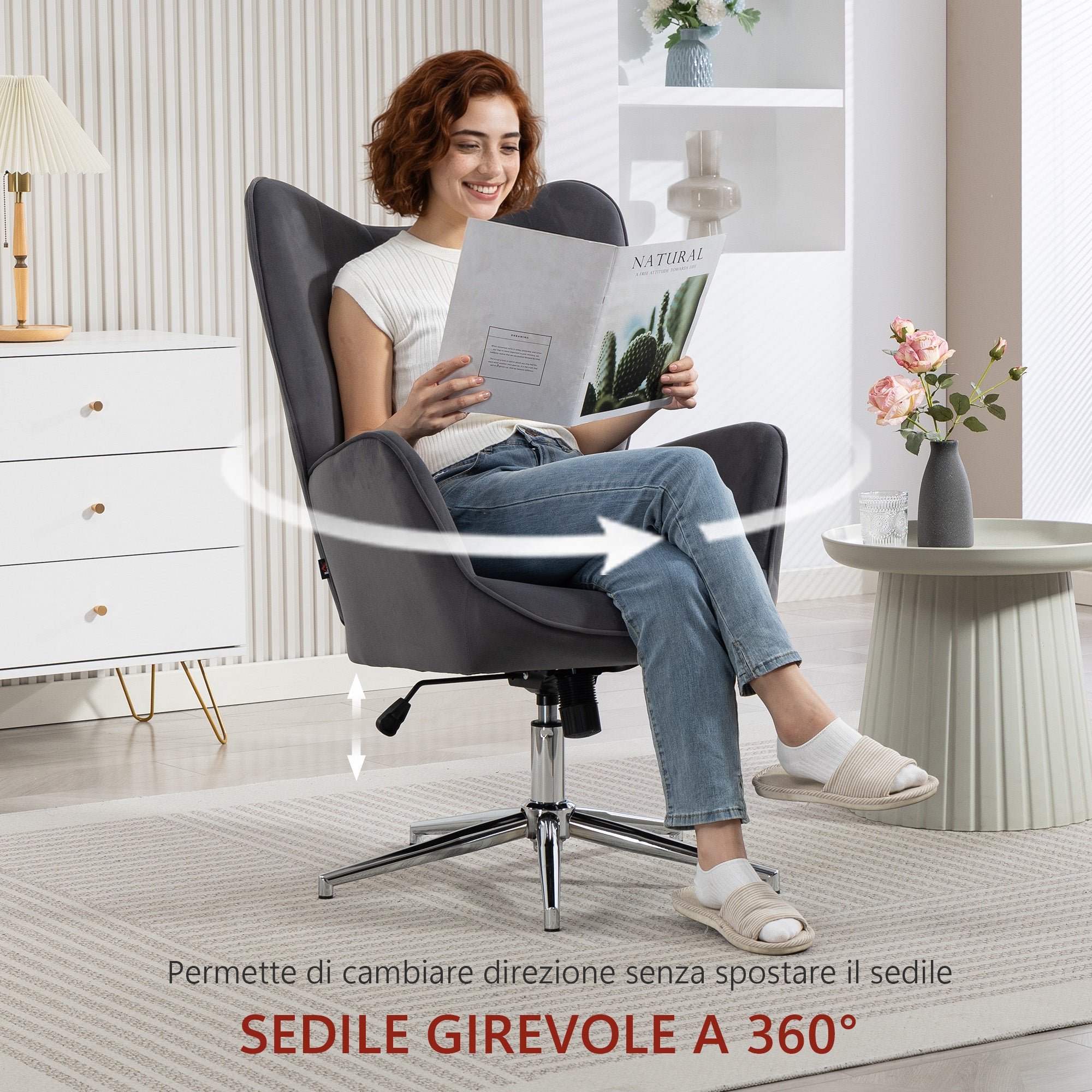 Swivel Lounge Chair with Velvet Armrests, Rocking and Adjustable Height, Dark Grey