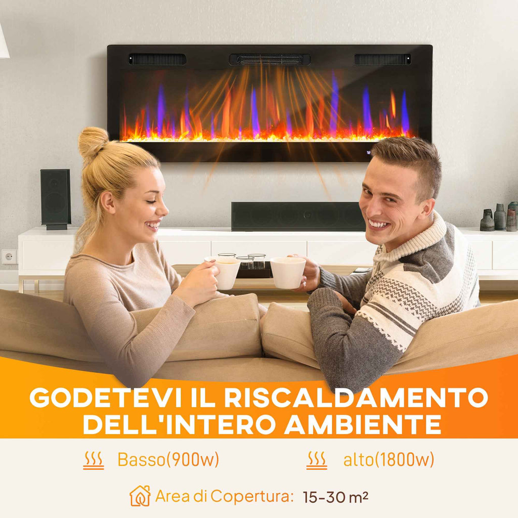 HOMCOM Built-in or Wall-Mounted Electric Fireplace with Adjustable Temperature, Steel and Glass, 127x9.4x47 cm, Black