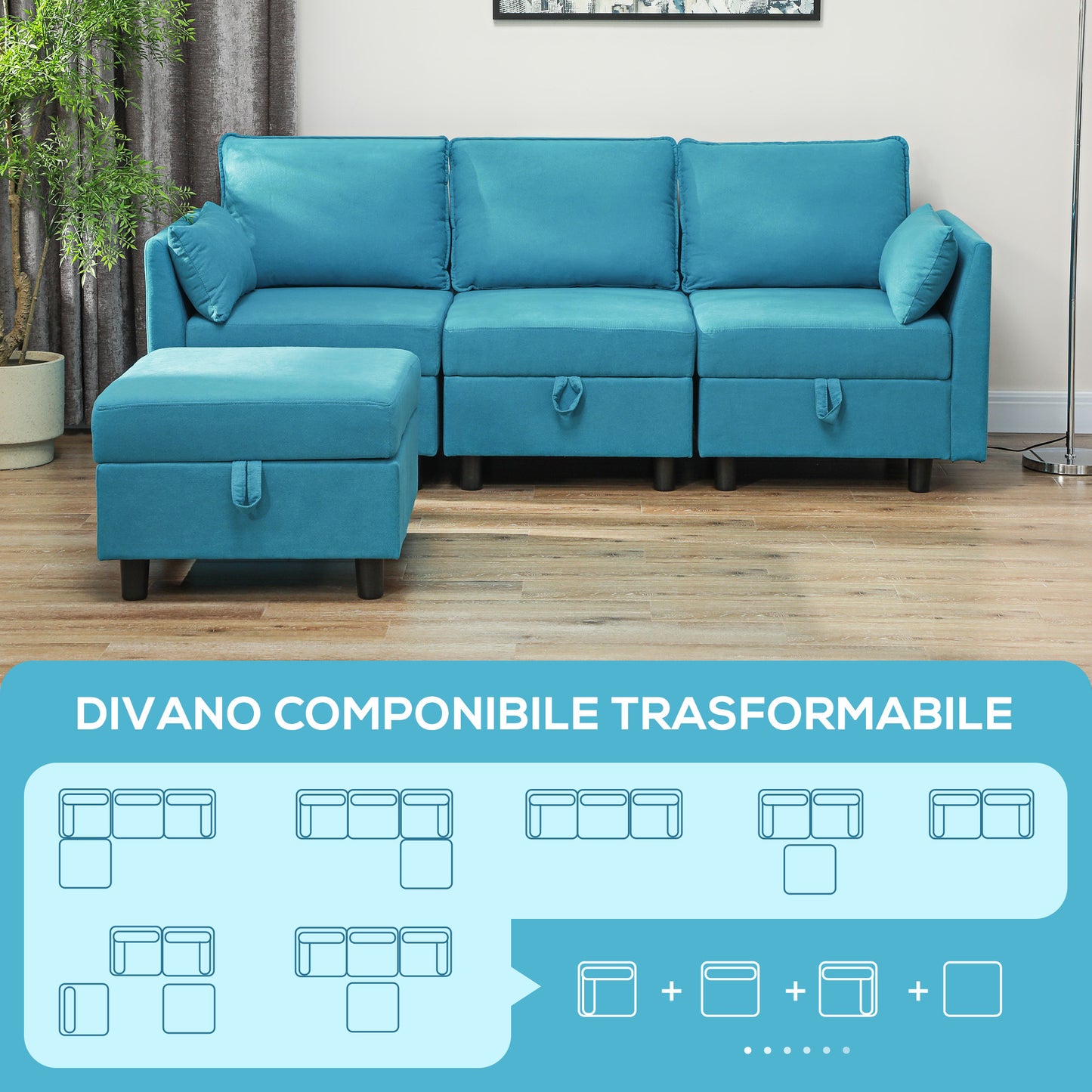 Modern 3 Seater Modular Sectional Sofa with Footrest and Cushions, Flannel Upholstery, Blue