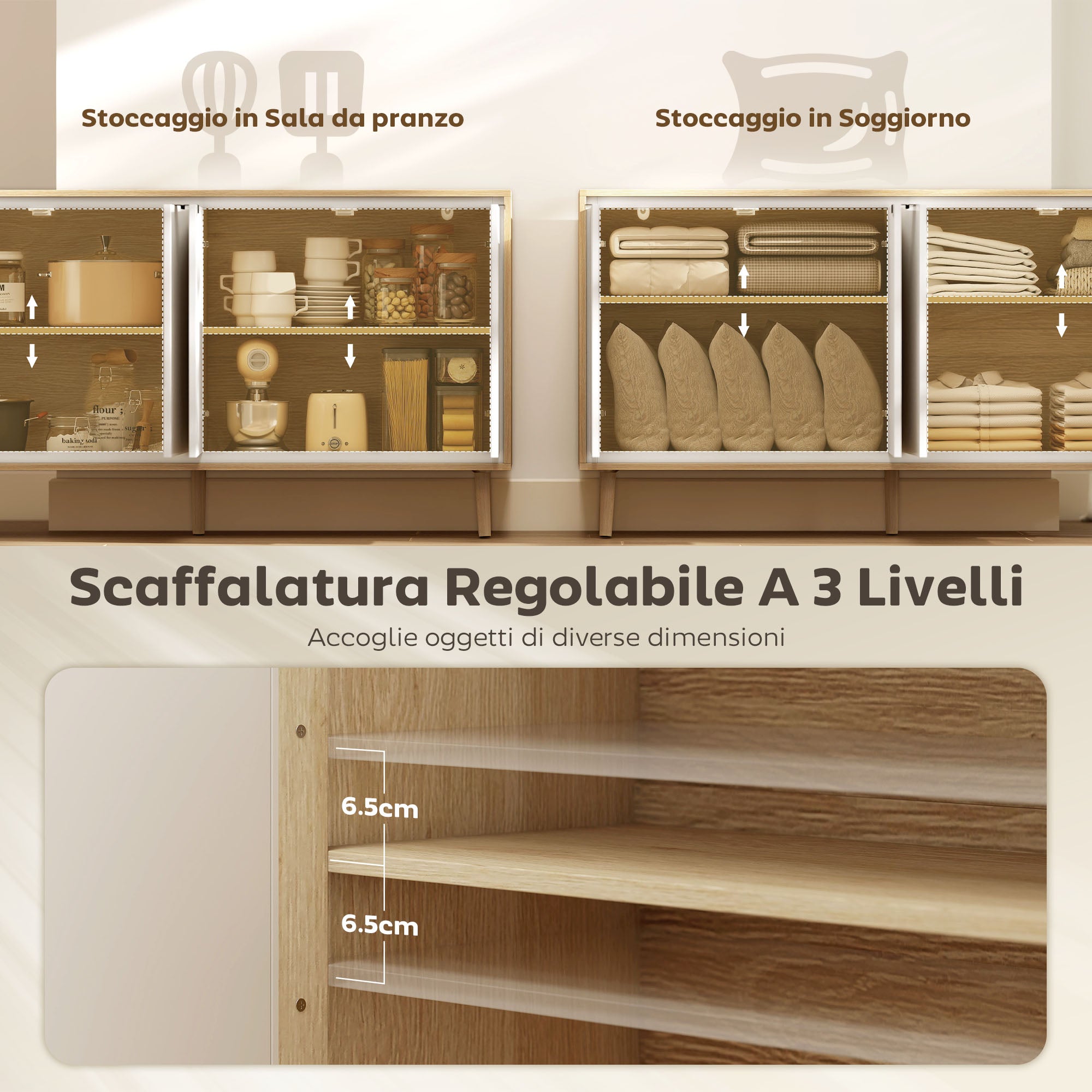 Modern 4-Door Sideboard with Adjustable Shelf, 141x35x77 cm, Gloss White and Oak